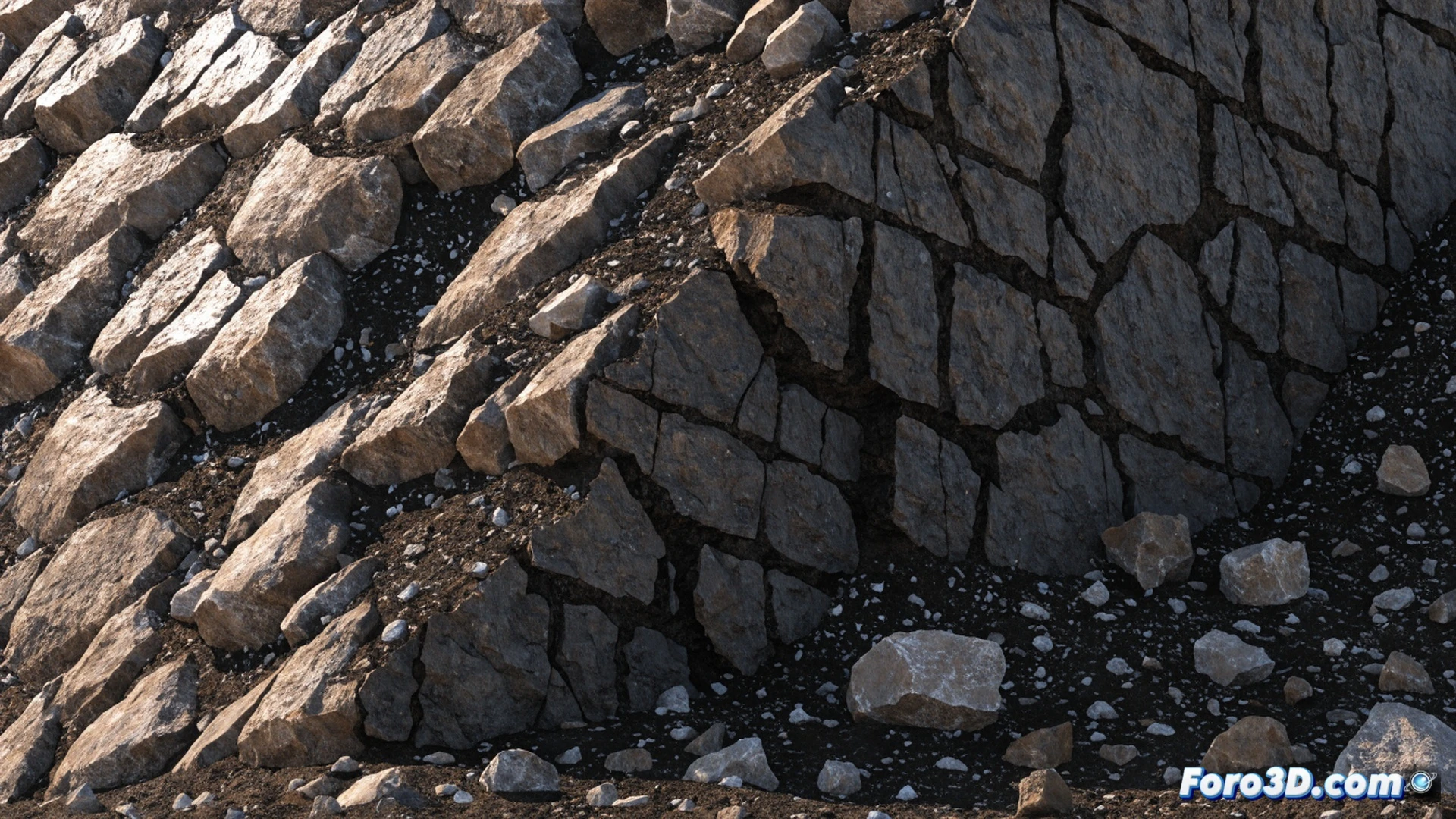 collapsing rubble retaining wall cross-section, soil fines washing out through gaps between rocks while missing geotextile filter layer is clearly absent, groundwater flow eroding internal structure from within, cracked road surface above showing tension cracks, Plaxis 3D model interface visible on a rugged tablet placed on a surveying tripod, ContextCapture drone footage overlay showing the failed slope, engineer in safety vest pointing at erosion zone, dramatic side lighting revealing sediment plumes in water flow, photorealistic engineering visualization, cinematic depth of field