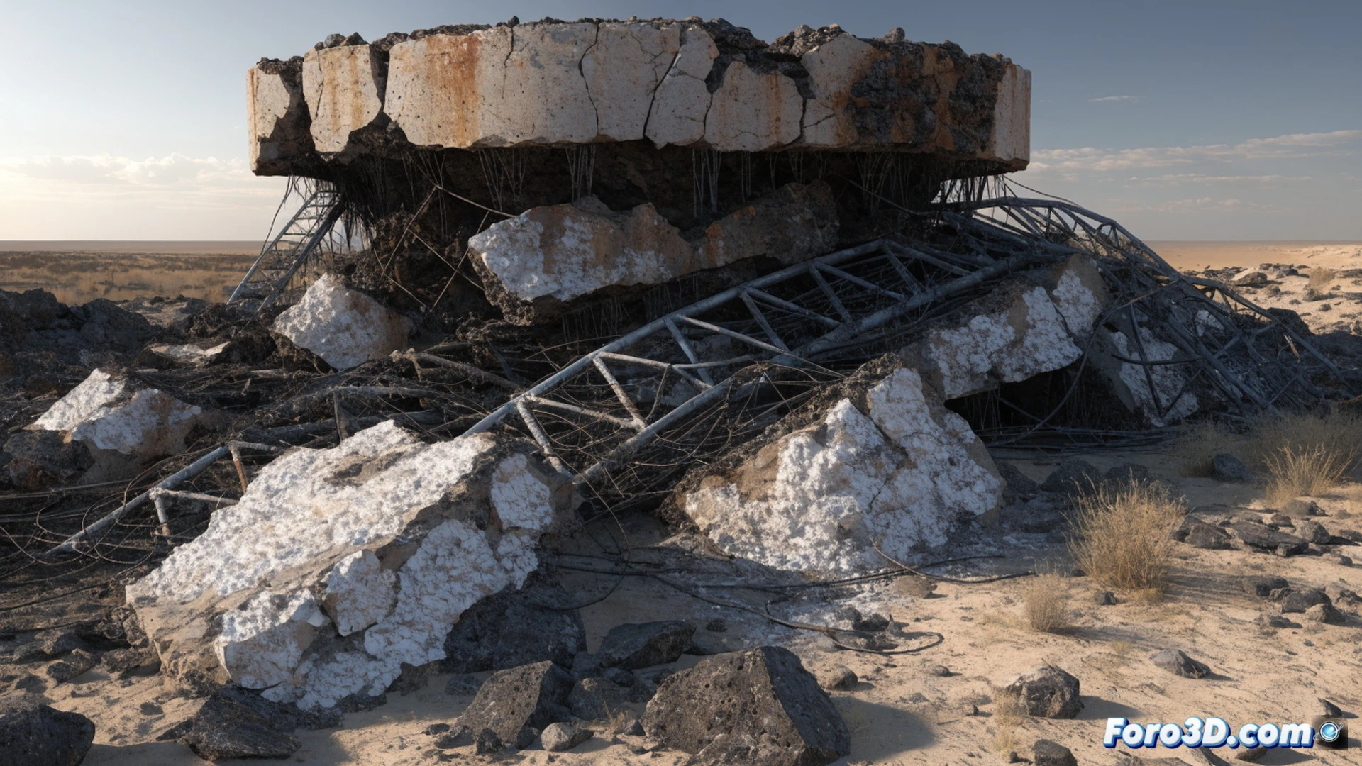 collapsed telecom antenna in arid desert, concrete foundation fractured and split open, wind-driven sand particles eroding exposed rebar, salt sulfate crystals expanding inside cracks causing deep fissures, antenna mast tilted at 45 degrees with snapped guy wires, technical engineering visualization, cross-section view of damaged footing showing internal crystalline growth and surface abrasion, bright desert sunlight casting harsh shadows, dust particles suspended in air, photorealistic structural failure analysis, dramatic industrial lighting, ultra-detailed concrete texture and corrosion