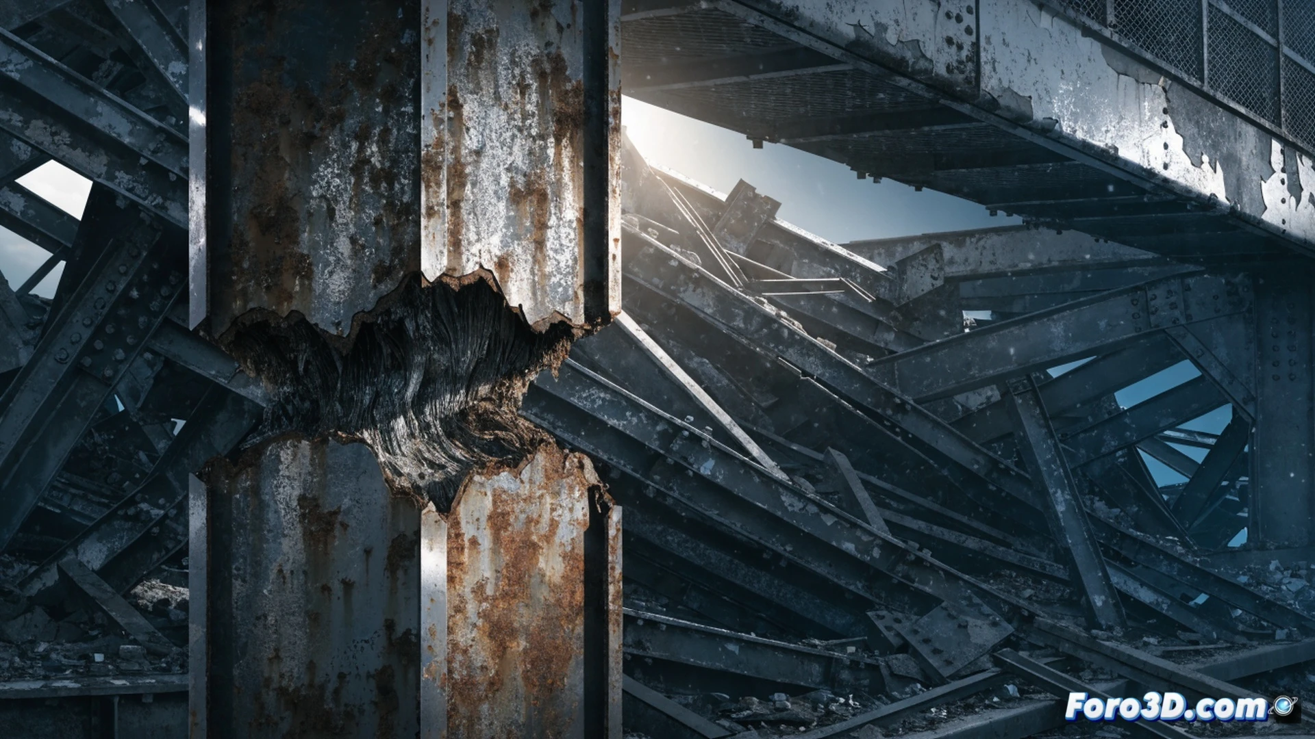 photorealistic engineering visualization of a highway toll gantry collapse, fractured steel column base exposed, corrosion fatigue crack propagation visible through cross-section, de-icing salt residue crystallizing on metal surface, maintenance inspection tools scattered nearby including ultrasonic thickness gauge and corrosion probe, cracked paint layers peeling away revealing rust, dramatic low-angle shot, industrial lighting with shadows emphasizing structural failure, ultra-detailed metal grain texture, cinematic technical illustration, no text or numbers
