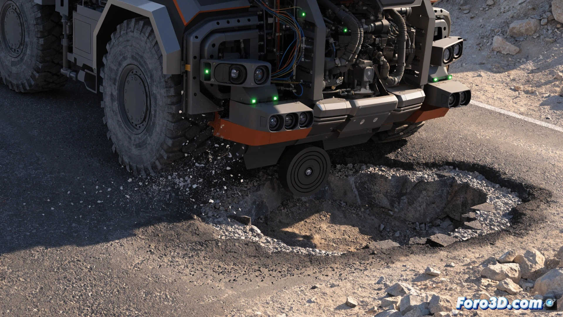 Autonomous mining truck collision scene, large dump truck tilting off trajectory after hitting a deep pothole on a dusty haul road, IMU sensor unit visibly dislodged and misaligned under chassis, 3D terrain reconstruction mesh overlay from RealityCapture software hovering above the site, Carla Simulator interface projected in the corner showing vehicle dynamics simulation, glowing red trajectory deviation lines behind rear wheels, dust clouds and motion blur during impact, cinematic engineering visualization, photorealistic metallic truck body, rugged mining environment, dramatic sunset lighting, ultra-detailed mechanical components