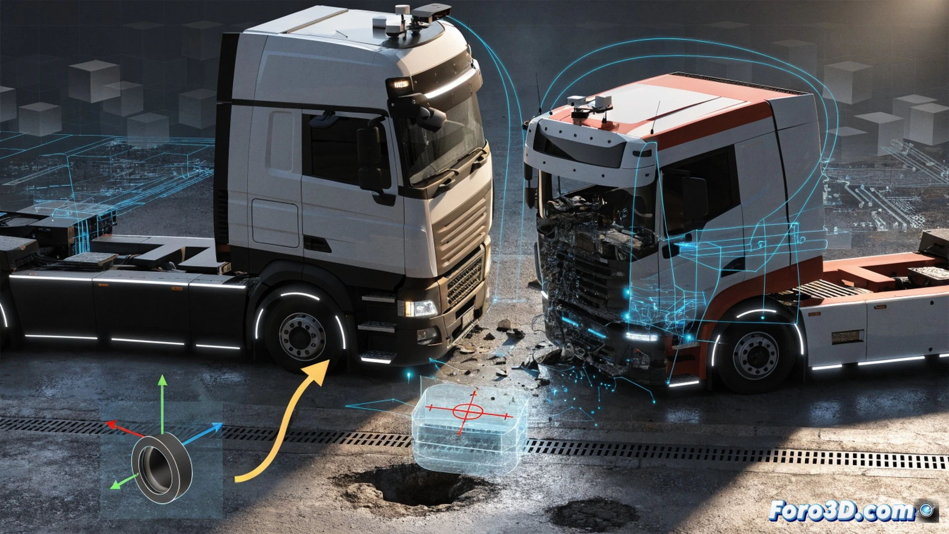 autonomous mining truck tilted on rocky terrain, front wheel lodged in deep pothole, rear wheel lifted off ground, IMU sensor unit exposed on chassis roof with visible calibration error warning indicator, red collision impact lines showing deviated trajectory from intended path, 3D mesh reconstruction overlay with RealityCapture point cloud data around the crash site, Carla Simulator interface ghost truck showing simulated correct path versus real failed path, cinematic engineering visualization, dramatic sunset desert lighting, dust particles suspended in air, metallic truck body with dirt and scratches, photorealistic technical render, ultra-detailed suspension and sensor components