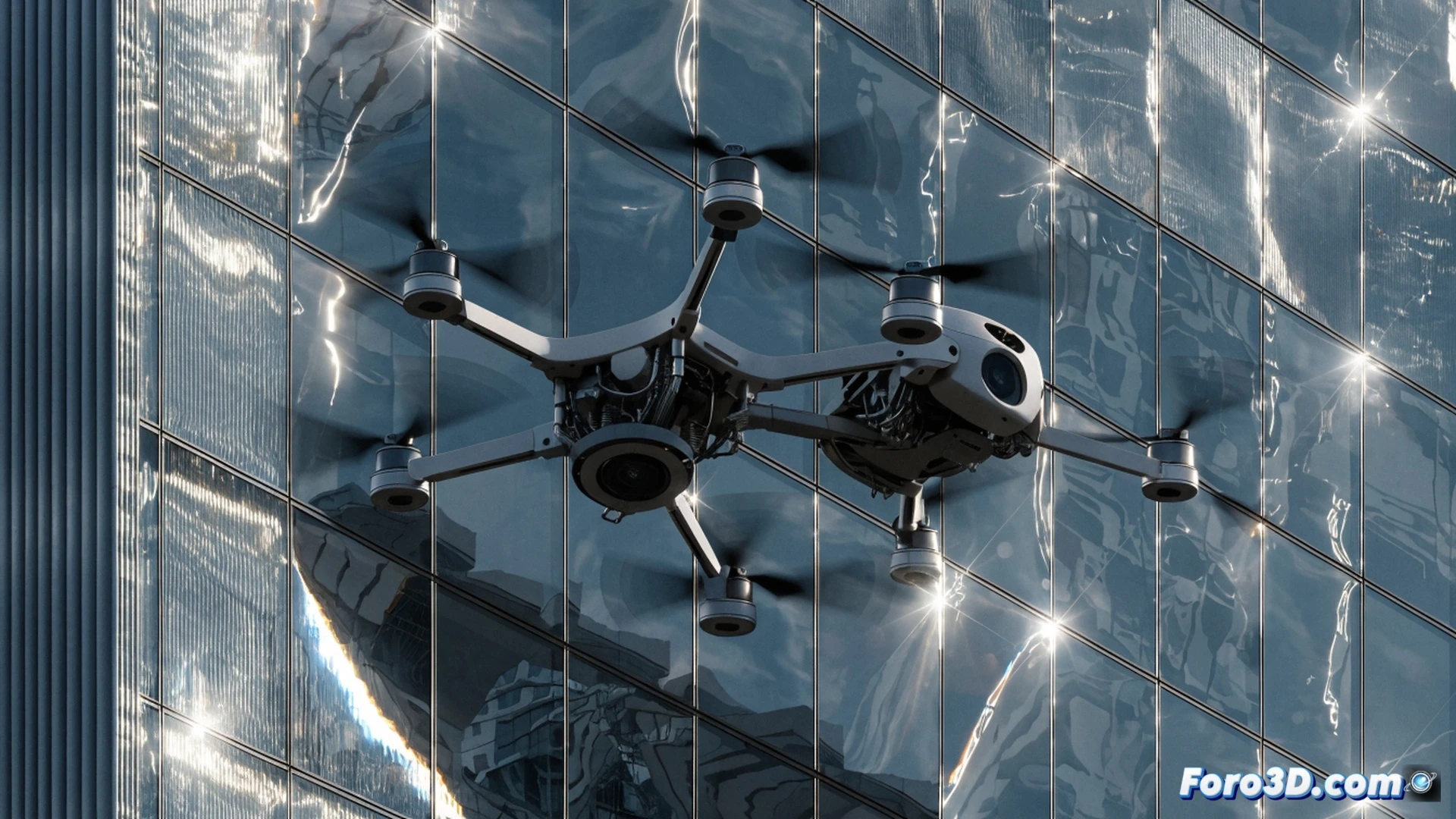Photorealistic technical illustration of a quadcopter drone crashing into a glass curtain wall at high speed, optical flow sensor on drone underside emitting a confused red error beam, sunlight reflecting off the mirrored glass facade creating blinding specular highlights, drone propellers shattering against the smooth surface, fragments of carbon fiber and glass spraying outward, surrounding urban environment with modern high-rise buildings, dramatic midday sun casting sharp shadows, cinematic engineering visualization with ultra-detailed mechanical components, motion blur on impact, glowing trajectory lines showing the drone’s last erratic flight path before collision, metallic and glass textures hyperrealistic, industrial lighting emphasizing the reflective failure