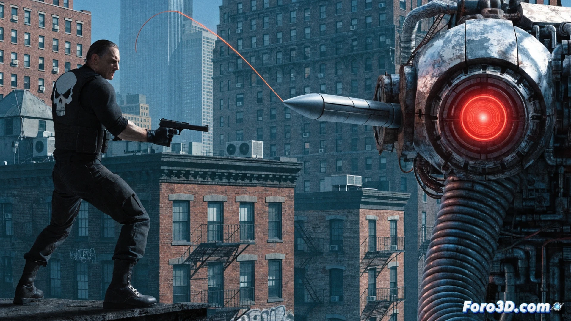 Collateral Damage disparando una bala teledirigida desde un tejado nocturno de Nueva York, proyectil trazador curvándose en el aire mientras atraviesa múltiples siluetas humanas en una calle iluminada por neones, Punisher observando desde una esquina con rifle preparado, casquillos flotando en cámara lenta, estela de humo digital marcando la trayectoria de la bala, estilo cinematográfico fotorrealista, iluminación dramática con sombras duras, texturas metálicas detalladas en armas y munición, atmósfera de caos urbano, composición dinámica con líneas de movimiento resaltadas en rojo y azul, render técnico de alta definición