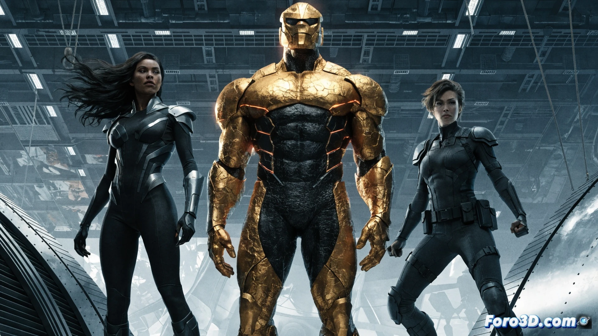 Colossus metallic form shifting from red to gold armor during a battle stance, black circuit-like patterns spreading across his steel skin, standing alongside Storm and Jean Grey on a futuristic command deck, holographic Ultimates insignia glowing above them, cinematic comic-book style render, dynamic action pose with energy arcs and debris particles, dramatic rim lighting on polished metal surfaces, hyperdetailed texture on organic steel, motion lines showing transformation process, dark industrial background with blue holographic interfaces, photorealistic superhero illustration