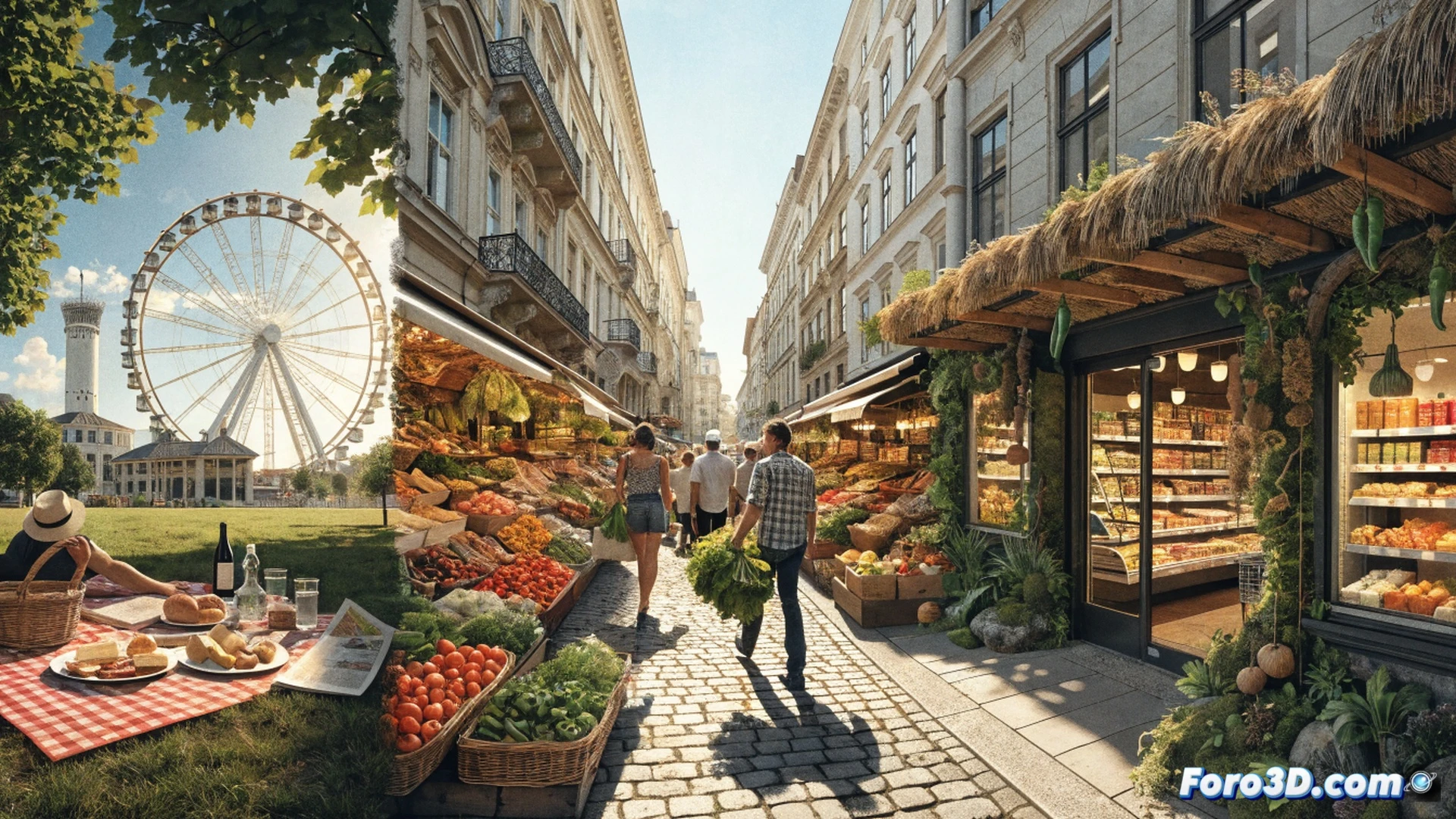 Photorealistic wide-angle scene of a sunny Viennese park picnic, people unpacking local market produce from a wicker basket onto a checkered blanket, a Naschmarkt bag with fresh bread and cheese visible, background showing the Prater ferris wheel and leafy trees, a couple walking with reusable bags from a supermarket safari, soft golden hour light filtering through foliage, detailed textures of grass, wooden basket weave, and ceramic plates, cinematic depth of field, warm summer atmosphere, no text or numbers, ultra-realistic food styling, vibrant greens and reds, relaxed outdoor dining action