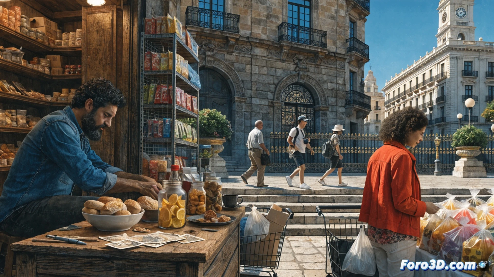Photorealistic street scene in Valencia, small shop owner handing a bag to a smiling customer, tablet showing a 3% growth graph on the counter, tourist holding a map near a local store, cash register with rising sales receipt, warm sunlight on cobblestone street, family walking with shopping bags, technical illustration style, detailed storefront with fresh produce display, soft cinematic lighting, motion blur on pedestrians, realistic economic activity atmosphere