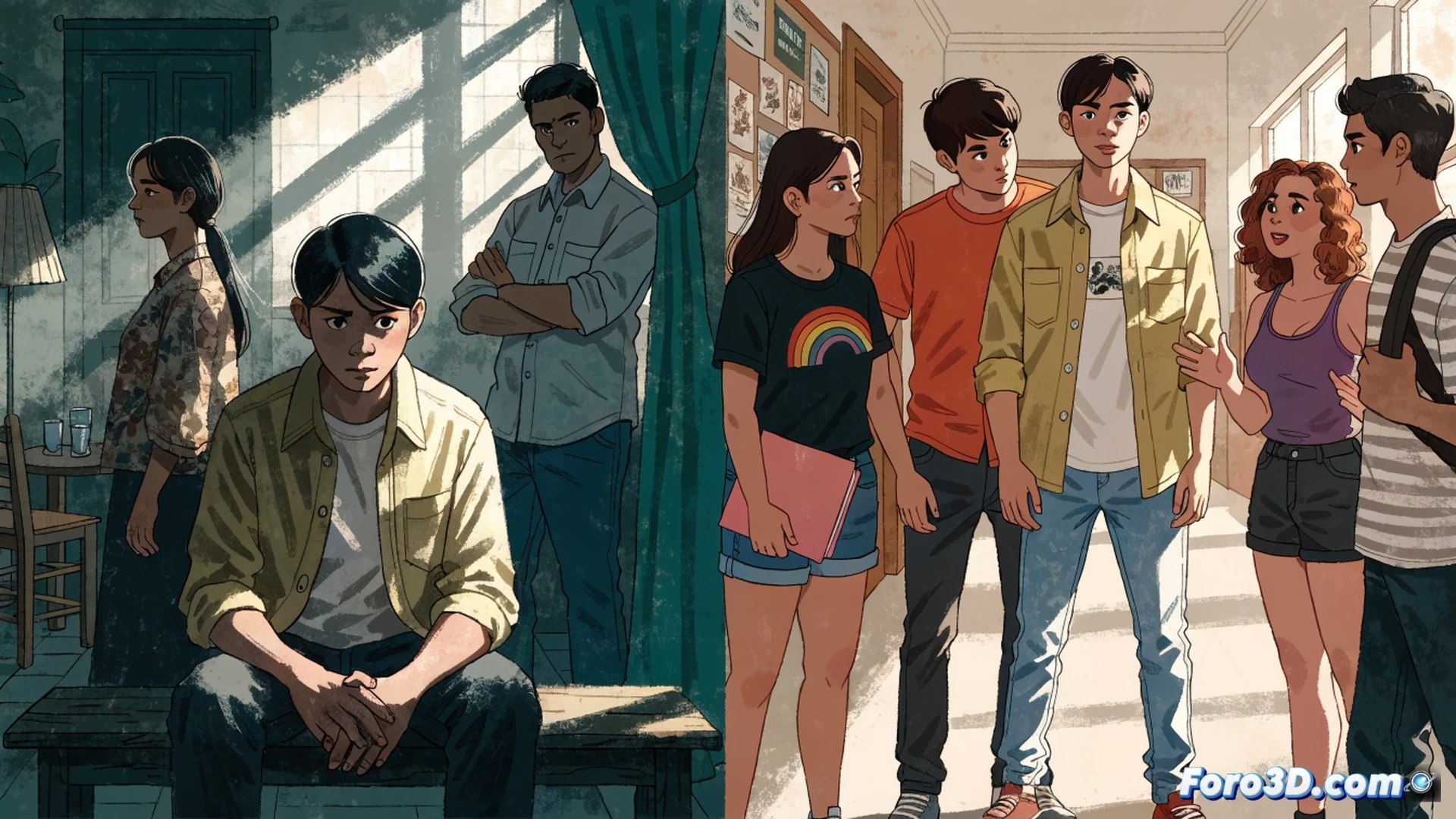 Filipino teenage boy in school uniform standing in a silent dining room, family members looking away with downcast eyes, Kevin clutching a pride flag pin in his fist while a rainbow-colored club poster half-unrolled on the table, dramatic shadows from a single fluorescent lamp, tense body language, photorealistic cinematic scene, soft warm light contrasting cold blue shadows, ultra-detailed facial expressions showing suppressed emotion, realistic fabric textures and skin tones, shallow depth of field focusing on the boy s clenched hand