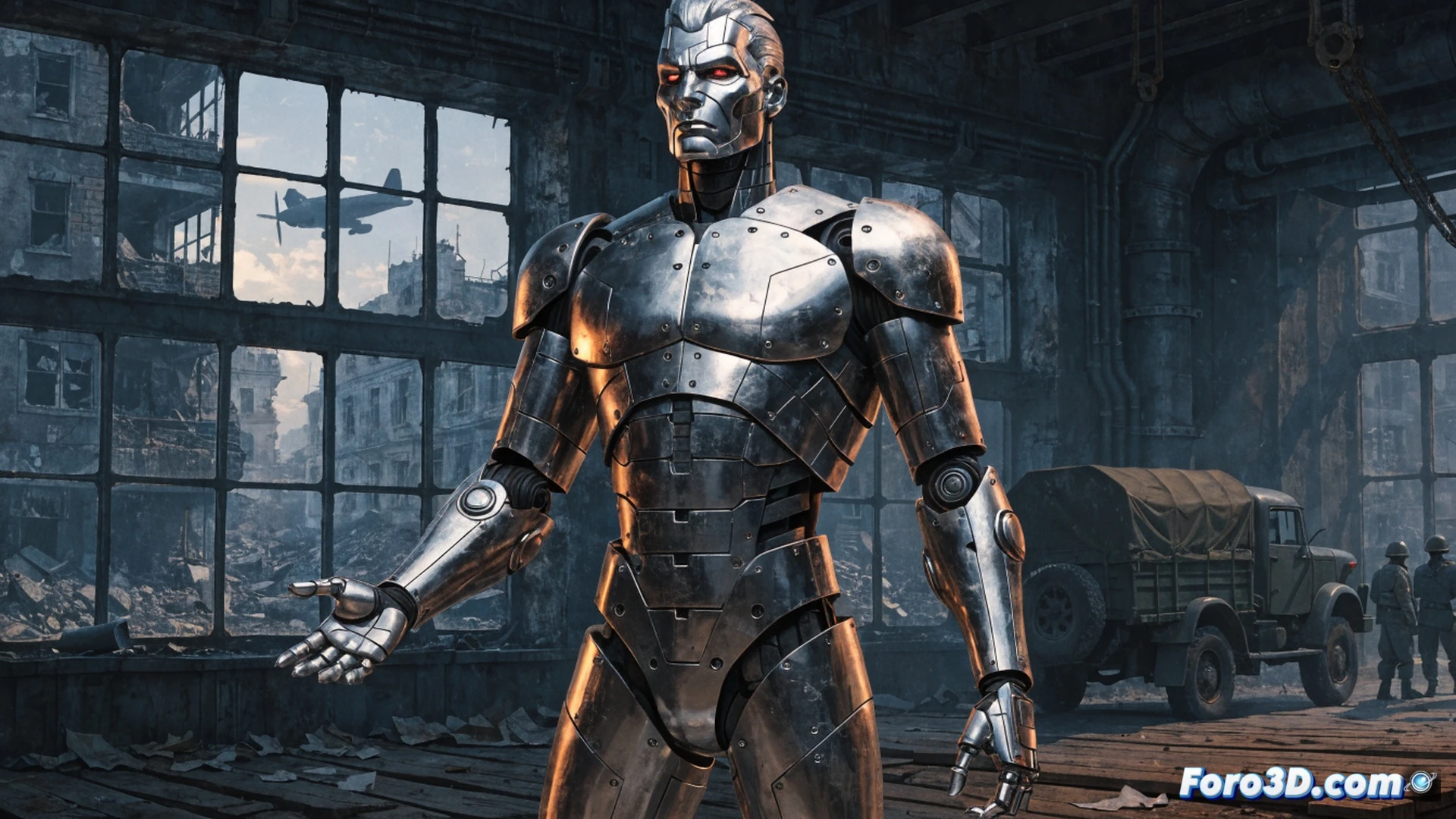 A muscular cyborg with steel-plated body, hydraulic joints exposed, punching through a crumbling concrete Nazi bunker wall during WWII battle scene, sparks flying from damaged metallic armor panels, mechanical gears visible in his forearm while debris scatters, cinematic photorealistic engineering visualization, dramatic low-angle shot, glowing red visor reflecting muzzle flashes, motion blur on his fist impact, shattered stone fragments suspended mid-air, dark smoke clouds in background, ultra-detailed metal textures with brushed steel finish, realistic industrial damage effects, high contrast dramatic lighting.