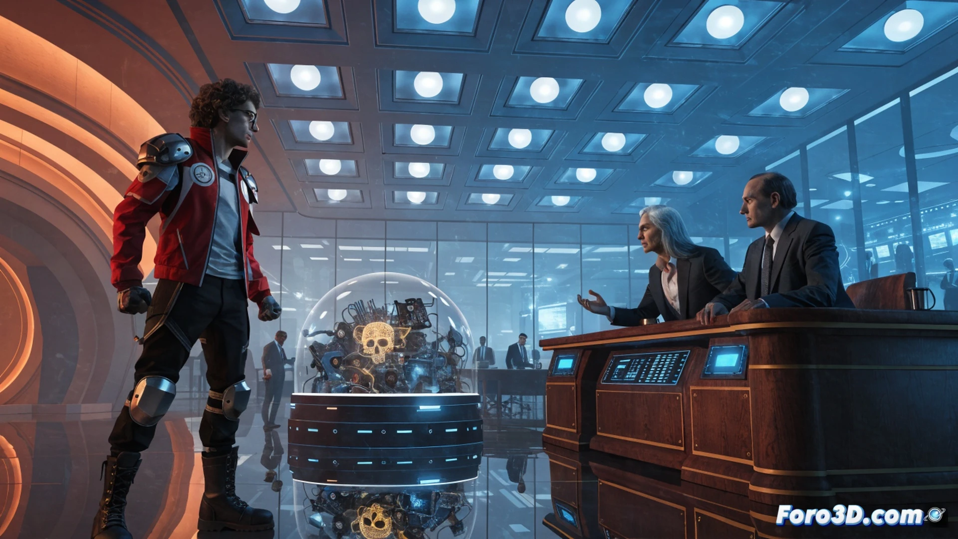 community manager pointing at Bungie executives in a tense meeting room, holographic Destiny 2 server metrics crashing on a large screen, red warning graphs and error codes flickering, stacks of pink slip papers scattered across a polished wooden table, one executive trying to deflect blame toward a market trend chart while the manager holds a tablet showing layoff statistics, cinematic photorealistic style, dramatic overhead lighting casting harsh shadows, intense facial expressions, modern corporate office with game development posters on walls, ultra-detailed textures on suits and electronic devices, motion blur on the holographic data streams