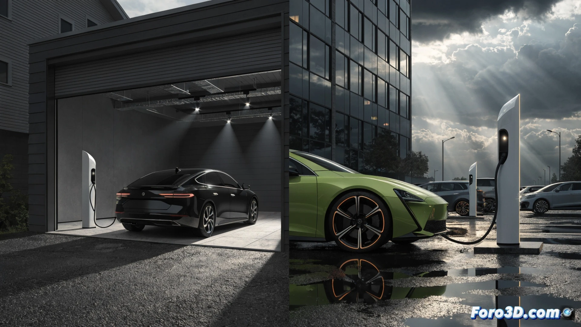 photorealistic engineering visualization of an electric vehicle fleet management dilemma, a logistics manager standing in a rainstorm holding a tablet showing a fragmented charging map with red and green route markers, three EVs at different locations: one plugged into a home garage wallbox at night, one at a bright office parking lot with multiple chargers, one at a public ultra-rapid charger with a glowing price display, contrasting energy costs visualized as floating glowing coins with different sizes, dramatic dark clouds overhead, rain streaks catching light, reflective wet asphalt, cinematic industrial lighting, ultra-detailed EV charging cables and connectors