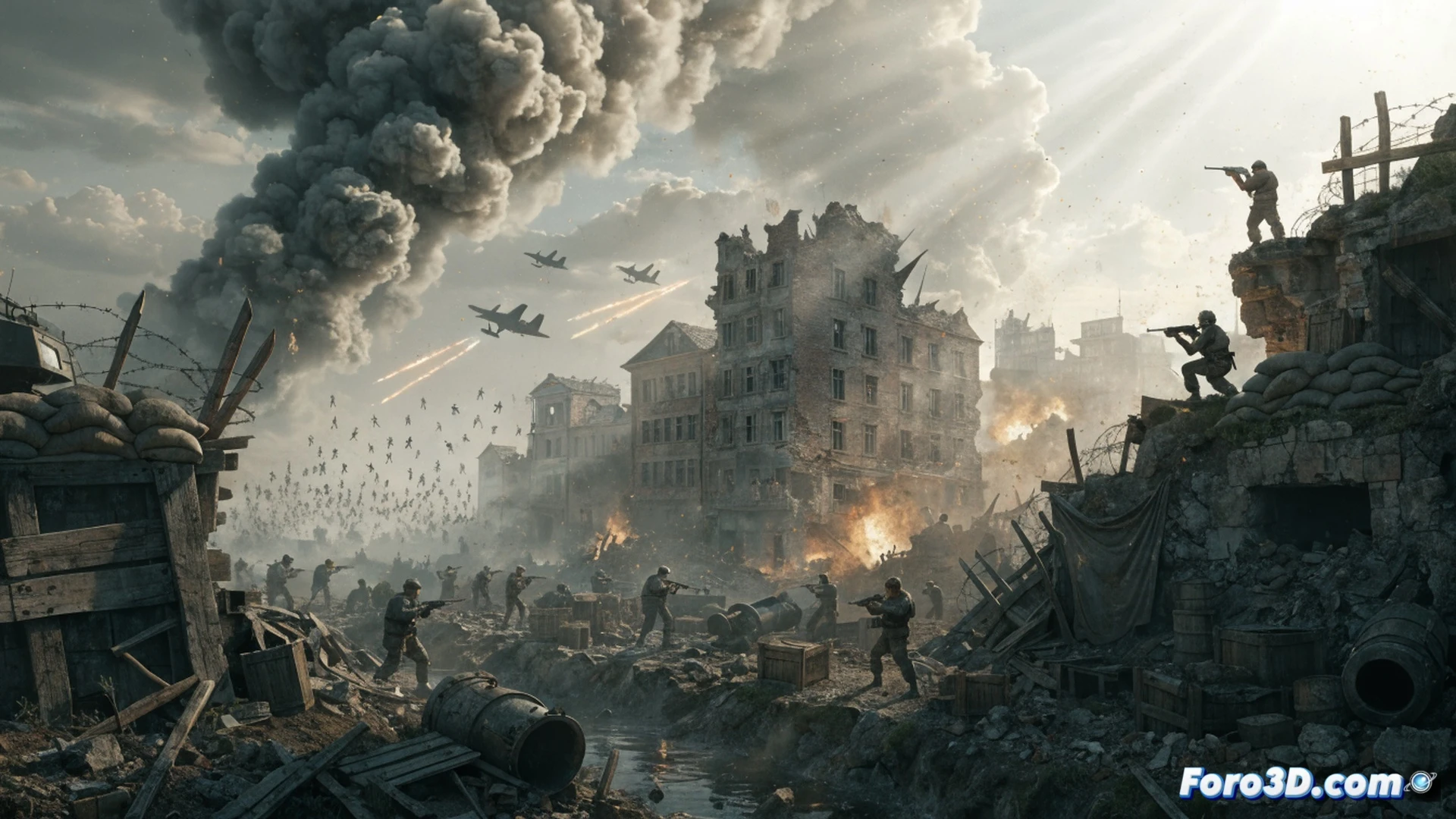 ruined urban battlefield at dusk, squad of soldiers deploying automated machine-gun turret while a massive armored boss enemy emerges from smoke, glowing rogue-lite upgrade icons floating above soldier abilities, particle effects from explosive artillery impacts, tactical holographic map projection on wrist-mounted device, cinematic photorealistic war-torn environment, debris and dust particles in dramatic side lighting, ultra-detailed military equipment textures, action sequence showing wave defense against mechanical walker enemy
