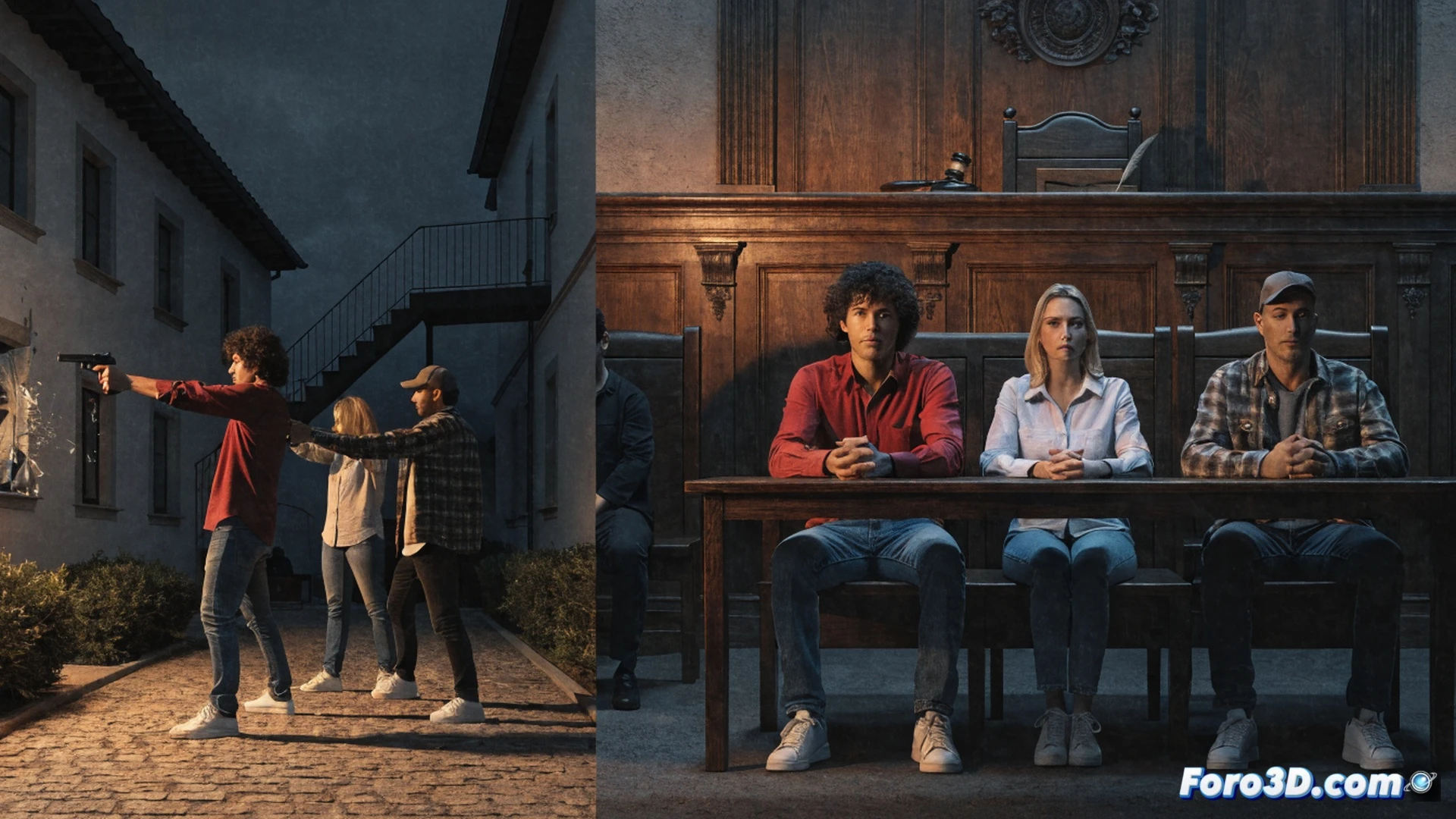 Three men firing a handgun toward a residential window at night, bullet impact cracking the kitchen window frame, muzzle flash illuminating tense faces, family silhouette visible through curtain, photorealistic crime scene reconstruction, cinematic lighting with dramatic shadows, forensic detail on concrete wall and glass shards, realistic urban night setting, weapon recoil captured mid-action, technical illustration of ballistic trajectory, dark blue and orange contrast lighting, ultra-detailed textures on brick facade and window glass, motion blur on projectile path, surveillance camera angle perspective