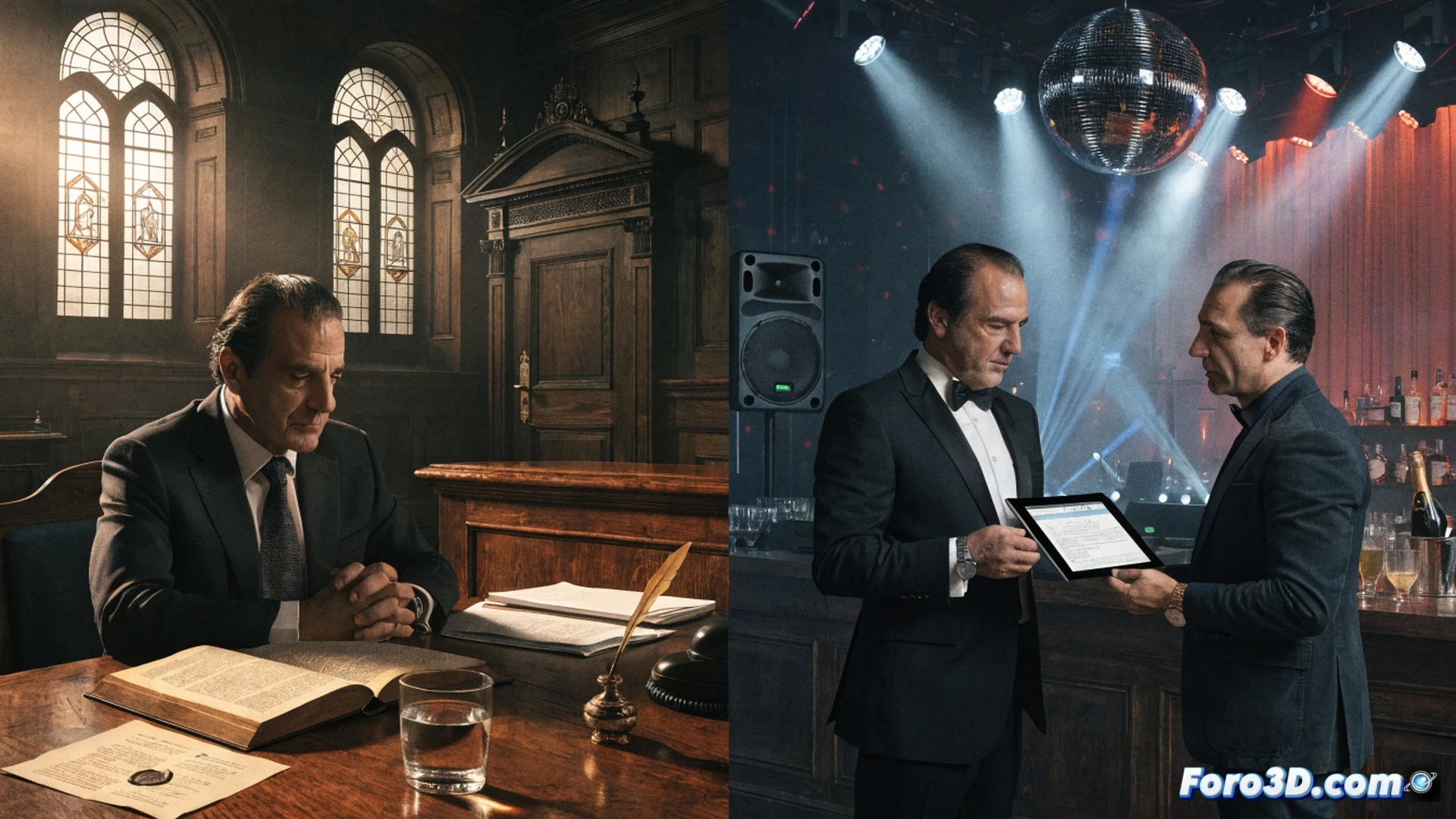 courtroom scene showing a judge signing a sentencing document, a handcuffed Francisco Granados being led away by security guards, digital evidence screens displaying manipulated municipal contract documents and financial records, glowing red corruption investigation markers highlighting the Waiter Music company logo, cinematic photorealistic technical illustration, dramatic courtroom lighting, polished wooden benches, legal documents scattered on a lawyer desk, surveillance camera angle, high-contrast shadows, ultra-detailed textures of judicial robes and handcuffs, realistic procedural atmosphere