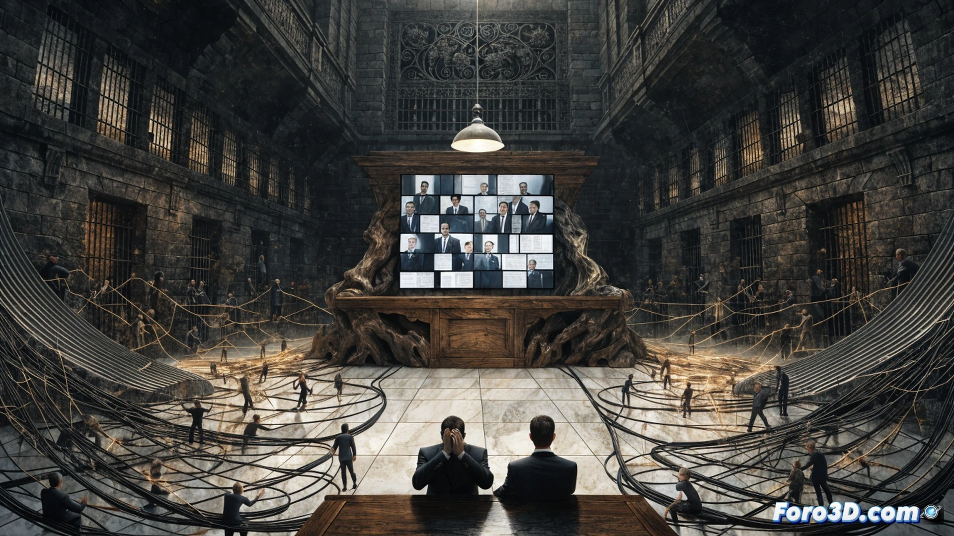 Photorealistic cinematic scene of a cracked concrete judicial scale, one side holding a small gavel with a faint golden glow, the other side stacked with thick dusty folders labeled with shadowy corporate logos and tangled wires representing opaque contracts, a transparent glass wall behind showing politicians shaking hands while digital padlocks and surveillance cameras float above, dramatic courtroom lighting with harsh shadows, ultra-detailed textures of rusted metal and peeling paint, technical illustration style with forensic evidence markers scattered on the floor, motion blur of a single falling coin hitting the scale, symbolizing systemic corruption versus symbolic punishment.