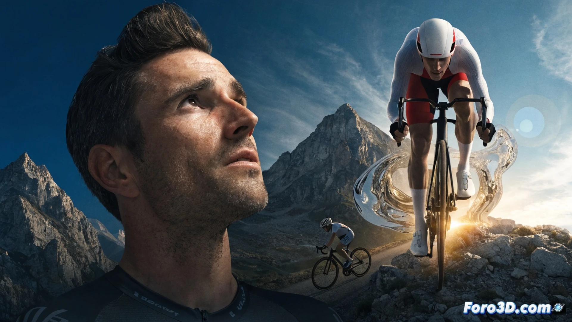 Alberto Contador observando a Tadej Pogacar atacando en un puerto de montaña, bicicleta aerodinámica con medidor de potencia visible, cadencia alta, volante de carbono, plato grande, mientras Contador señala una pantalla de análisis de rendimiento mostrando gráficos de vatios y velocidad, fondo de carretera alpina con curvas cerradas, estilo cinematic photorealistic, iluminación dramática de atardecer, nubes de polvo levantadas por el pelotón, enfoque nítido en los gestos de reconocimiento del excampeón