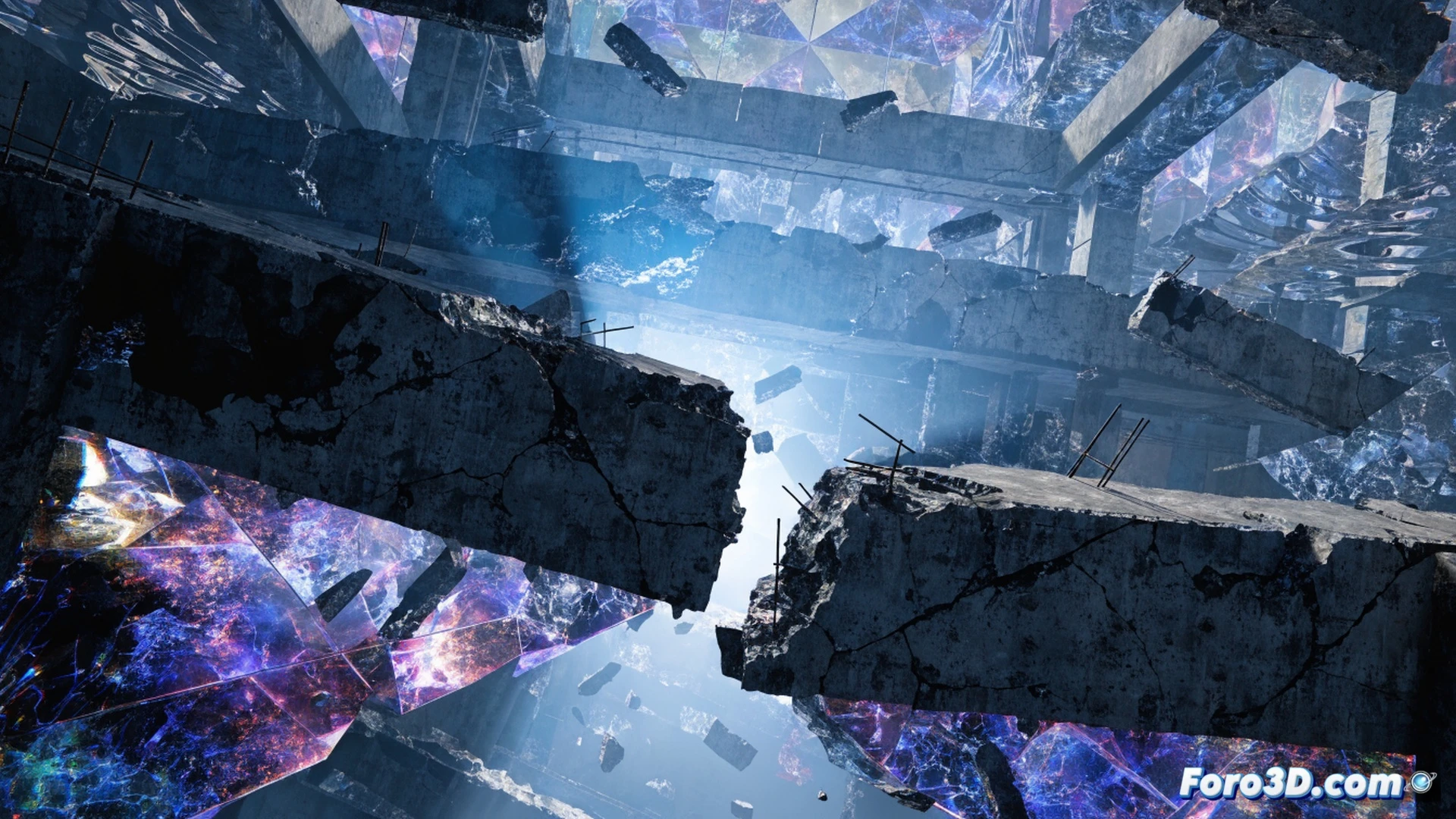 photorealistic technical render of a concrete corridor collapsing in real-time, molecular-level fracture lines spreading through walls and floor as crystalline shards float in mid-air, ray-traced reflections on broken glass surfaces, dimensional rift distortion with blue energy particles, debris particles interacting with dynamic lighting, cinematic engineering visualization, ultra-detailed destruction physics simulation, dark atmospheric lighting with neon highlights, showing the Northlight Engine molecular destruction process