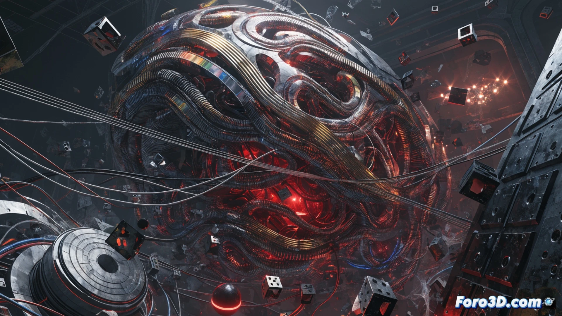 RTX 5090 graphics card inside a transparent high-end PC case, intense ray tracing beams reflecting off a glossy metallic surface in a neon-lit futuristic room, DLSS upscaling process visualized as glowing digital grid lines reconstructing a colorful reflective puddle, GPU fans spinning at high speed with heat haze rising from the backplate, cinematic photorealistic technical illustration, dramatic blue and magenta lighting, ultra-detailed PCB traces visible through the card s transparent shroud, motion blur on spinning fan blades, engineering visualization style
