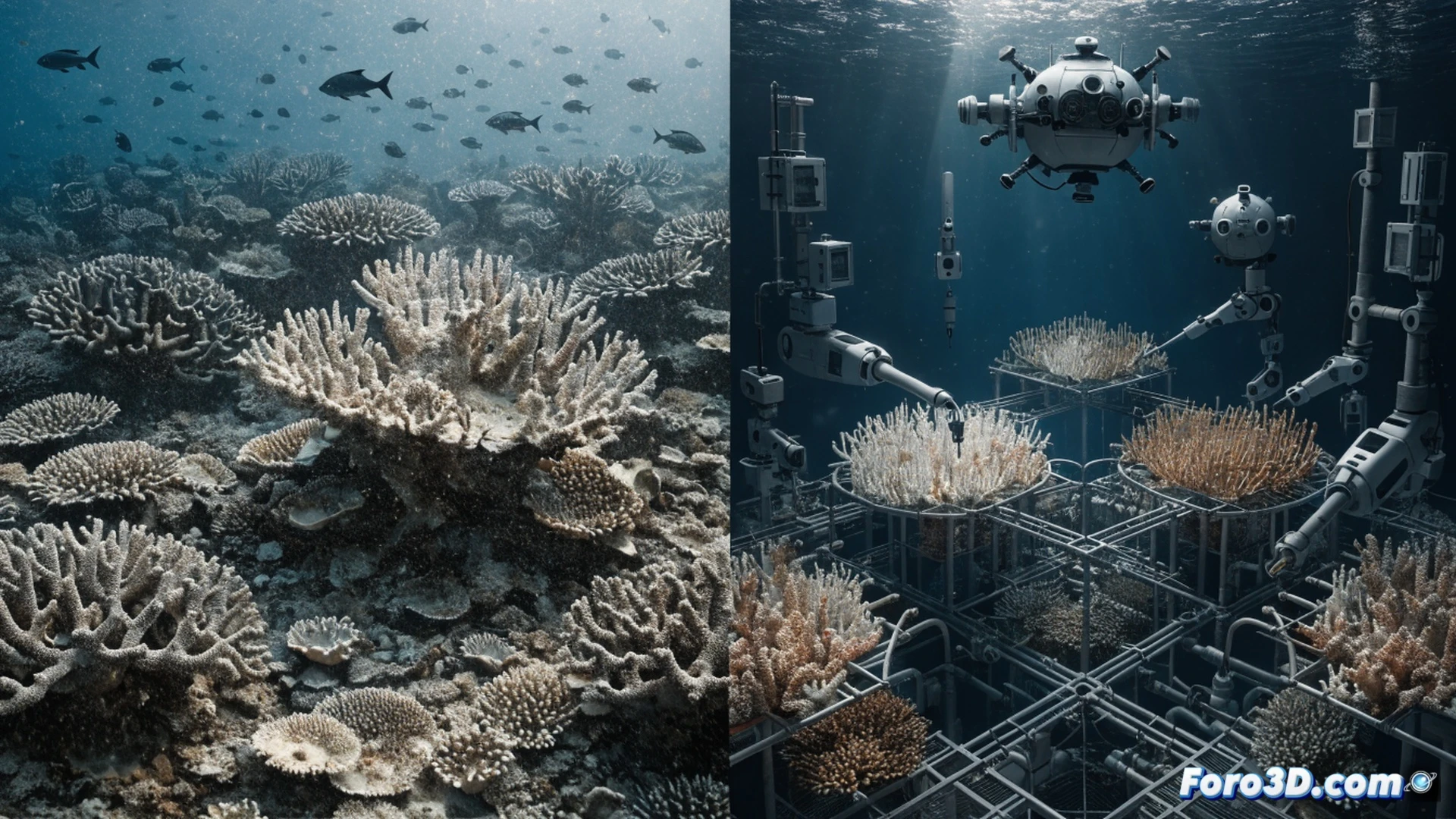 Underwater scene showing a dead coral reef skeleton being injected with synthetic calcium carbonate by a robotic arm, while a factory pipe discharges acidic bubbles into the same water, robotic tools and sensors attached to the coral, contrasting white dead branches against dark blue ocean, cinematic engineering visualization, photorealistic underwater lighting, particulate matter floating, dramatic contrast between natural decay and artificial intervention, ultra-detailed textures of coral and metal, high contrast volumetric lighting.