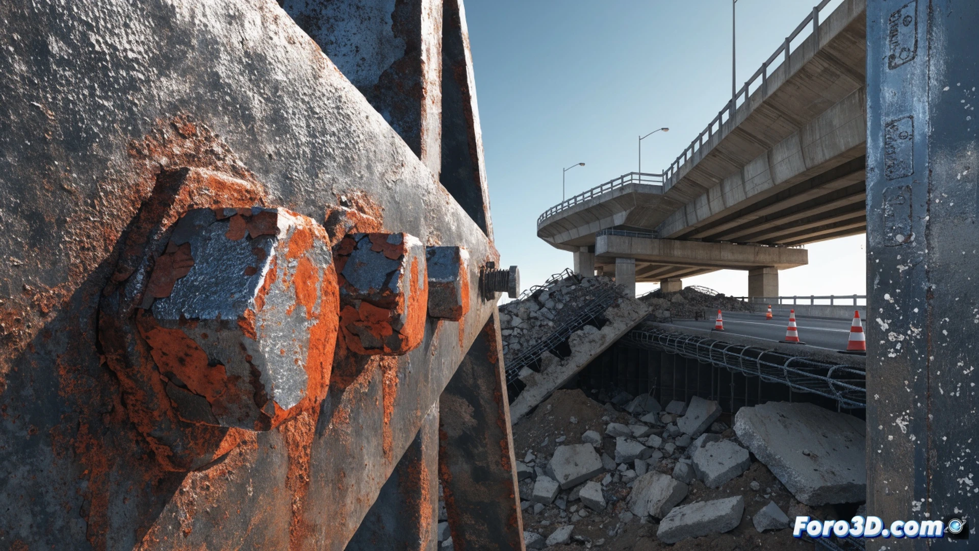 Steel highway gantry collapsing diagonally across a closed traffic lane, close-up on fractured bolted joint showing cross-section of galvanized steel and stainless steel washer with corrosive crystalline buildup between metals, orange rust trails and pitting visible on bolt shaft while maintenance worker points flashlight at hidden corrosion zone, concrete barrier and warning cones in foreground, cinematic engineering visualization, dramatic low-angle lighting, hyper-detailed metal textures, photorealistic industrial accident scene