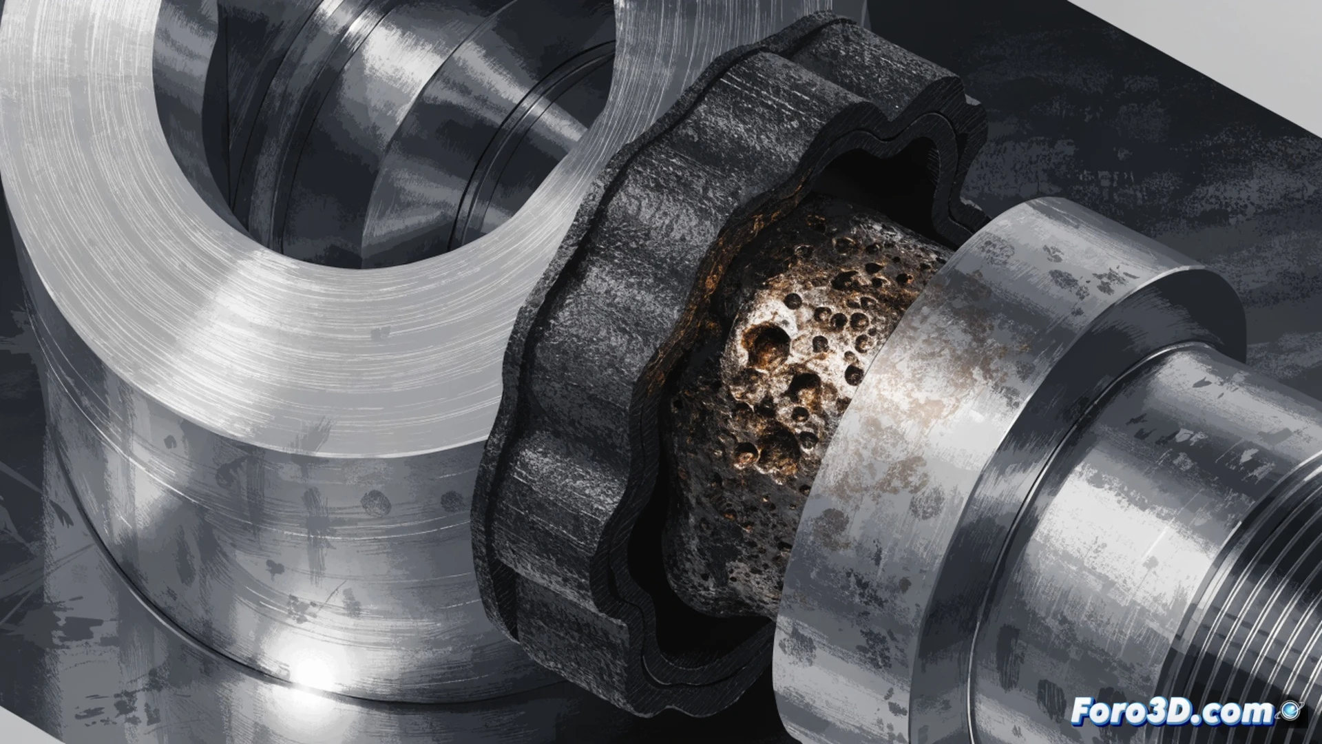 Cross-section view of an inclined seat valve with a hidden elastomer seal revealing stagnant brine pooling inside the crevice, severe pitting corrosion eating into the metal surface, close-up showing microscopic pits and rust trails spreading from the seal edge, engineering visualization style, photorealistic technical illustration, metallic valve body with dark corrosion stains, stagnant liquid trapped under the seal, dramatic industrial lighting highlighting the damaged area, ultra-detailed metal grain texture, realistic corrosion patterns, cinematic composition emphasizing the hidden failure zone