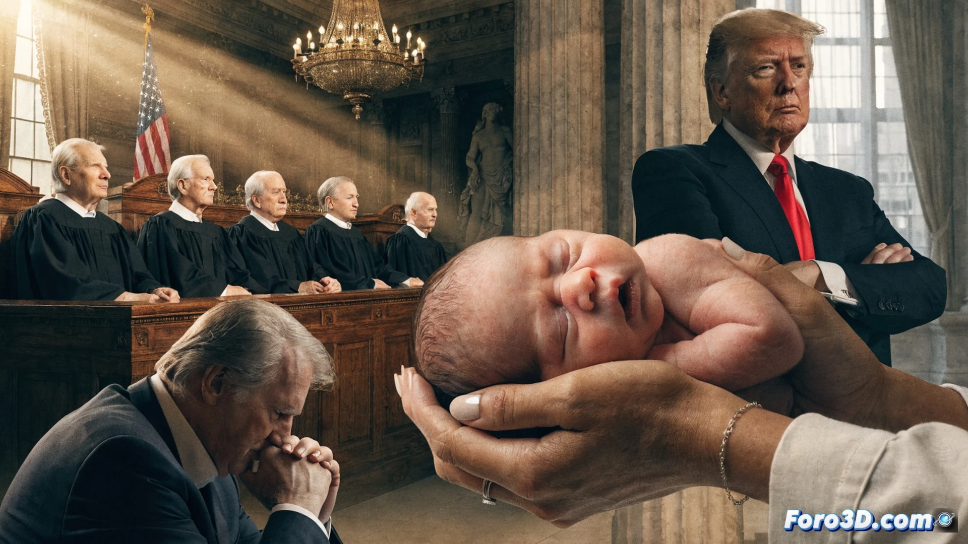 Corte Suprema de Estados Unidos en sesión, martillo de juez impactando sobre documento legal con texto constitucional, pluma fuente rompiendo una orden ejecutiva con sello presidencial, mapa de EE.UU. con recién nacidos apareciendo como puntos brillantes desde cada estado, libro de leyes abierto mostrando la palabra ciudadanía, estilo cinematográfico photorealistic, iluminación dramática desde claraboya del tribunal, sombras de togas negras proyectadas sobre escritorio de caoba, detalles de madera tallada y columnas de mármol, alta definición técnica, profundidad de campo reducida.