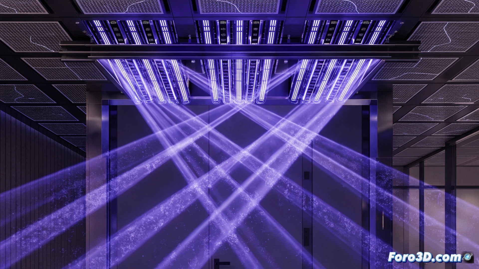 UV-C light curtain system installed above a hospital doorway, cross-flow ultraviolet beams projecting downward creating a visible germicidal barrier, airborne virus particles being neutralized mid-air while passing through the light field, glowing blue-violet illumination across the threshold, sterile white corridor on one side contrasting with a darker laboratory room on the other, motion blur of a person walking through the curtain, technical engineering visualization with beam trajectory lines, photorealistic architectural render, clean minimal hospital interior, dramatic side lighting, precise optical components visible in the ceiling-mounted unit