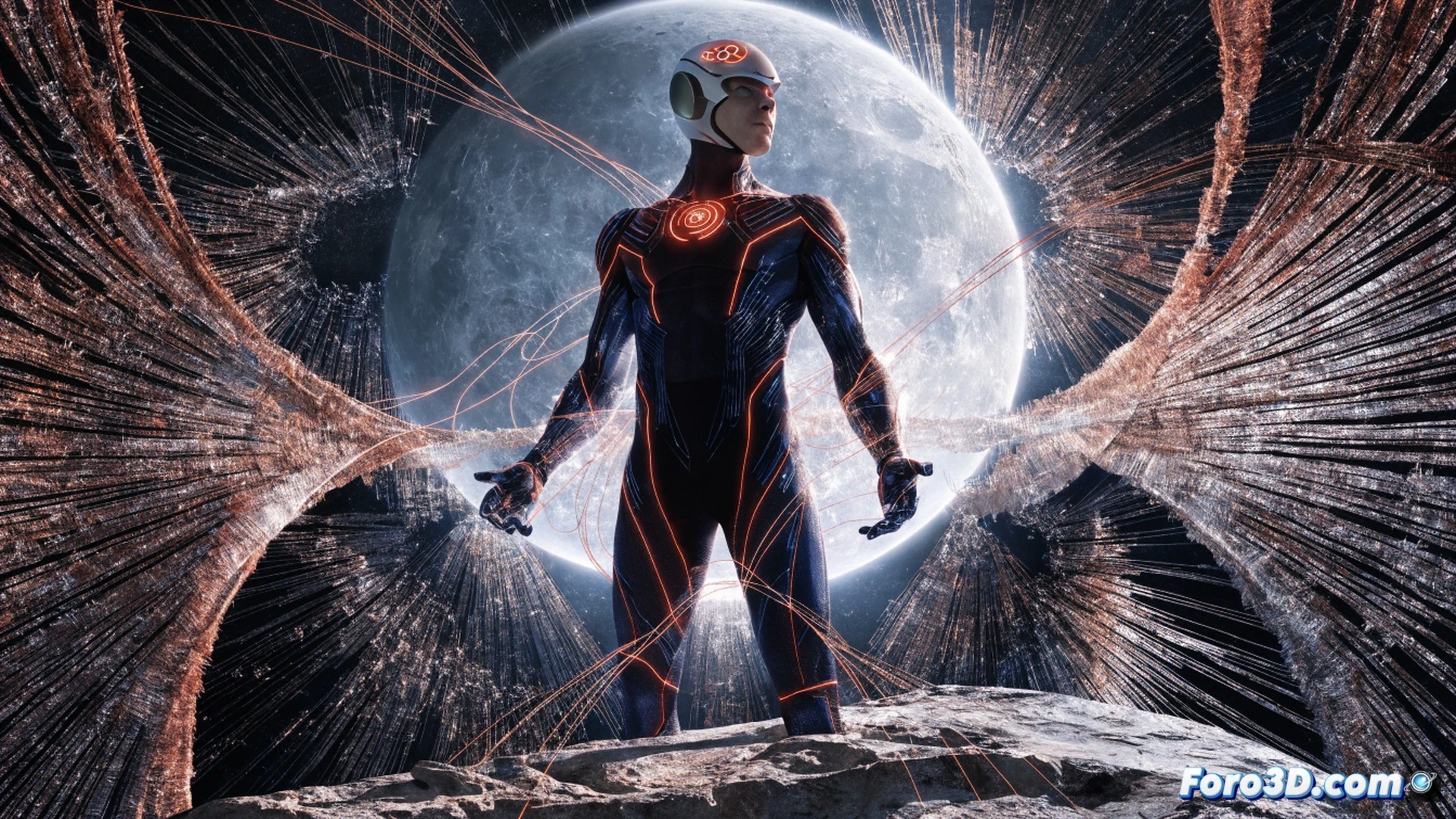 Cosmic Boy flotando en el vacío del espacio, campo magnético azul vibrante deformando asteroides metálicos a su alrededor, brazos extendidos controlando fragmentos de chatarra espacial en órbita, traje rojo y azul desgastado con cicatrices de batalla, fondo de nebulosa púrpura oscura, polvo estelar iluminado por una estrella lejana, expresión de determinación solitaria, estilo cinematográfico hiperrealista, iluminación dramática con destellos de energía magnética, texturas de metal oxidado y tela rasgada, render fotorrealista de alta definición, sin texto ni logotipos