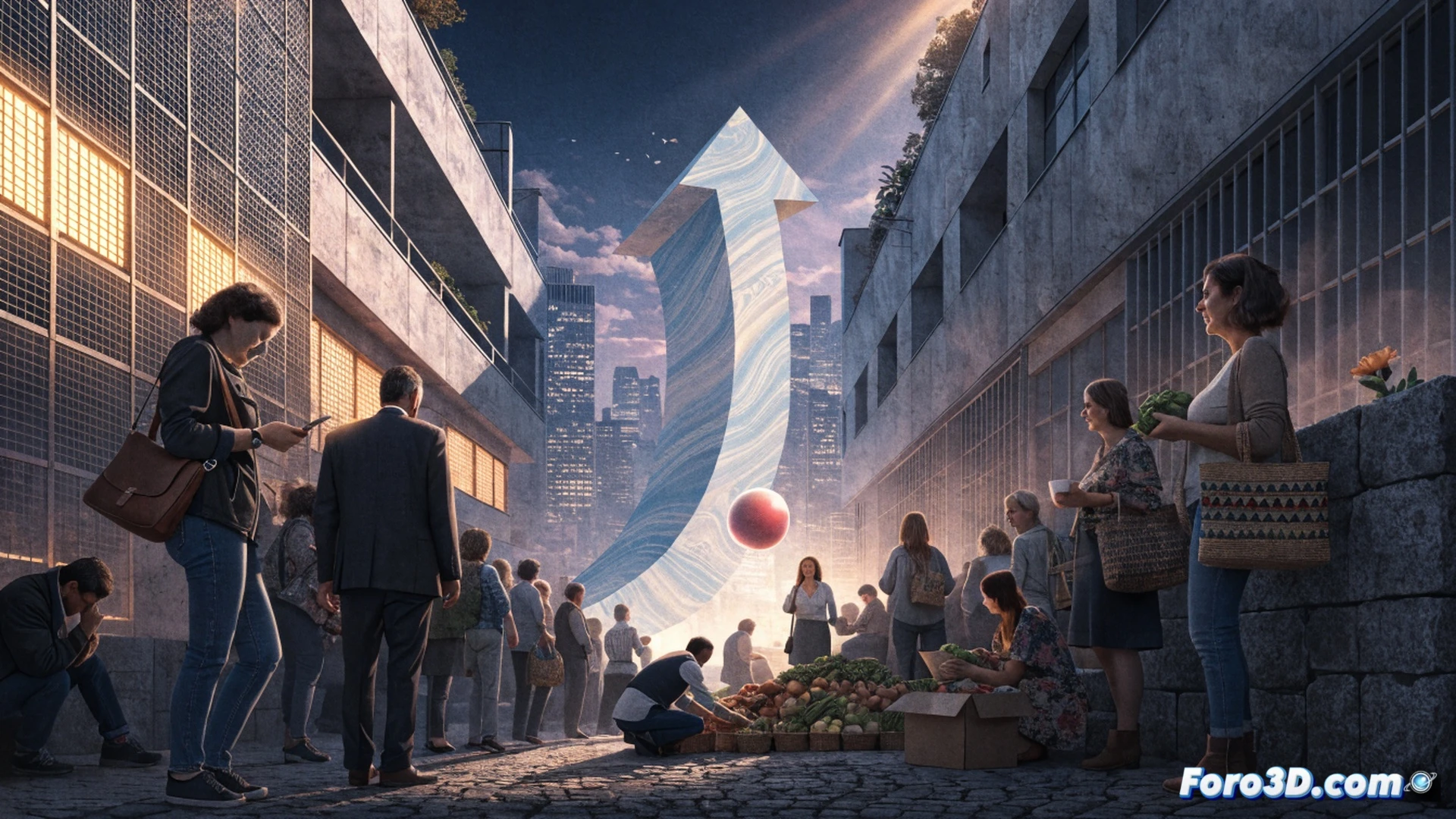 supermarket checkout scene, cashier scanning items while a digital holographic display shows a glowing 2.6% growth arrow above a European map, but a transparent barrier separates it from a shopper s wallet on the counter, prices on shelf tags flickering red with a 22% increase overlay, shopper s hand hesitating mid-air holding a single euro coin, cinematic photorealistic engineering visualization, dramatic shadows from overhead fluorescent lights, ultra-detailed product packaging and barcode scanner, cold blue and orange contrast lighting, hyperrealistic textures on plastic bags and metal shopping cart
