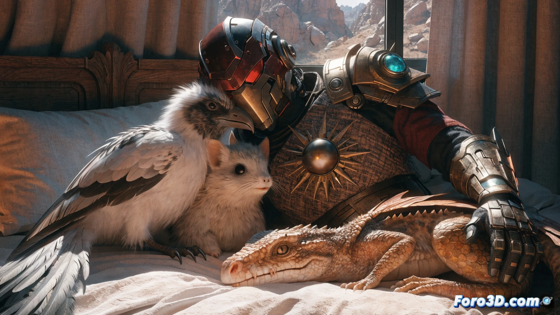 medieval fantasy hero in crimson armor resting on a stone bed, a small fox-like mascot curled up beside the hero’s chest, glowing blue equipment pieces floating around the character, 39 distinct armor and accessory icons orbiting in a circular UI hologram, player hand reaching toward a floating helmet, inventory interface with broken fragments being repaired, realistic game world lighting, cinematic fantasy illustration, photorealistic textures on metal and fur, soft warm campfire glow, dynamic particle effects from the equipment orbit, ultra-detailed armor engravings, immersive action RPG atmosphere