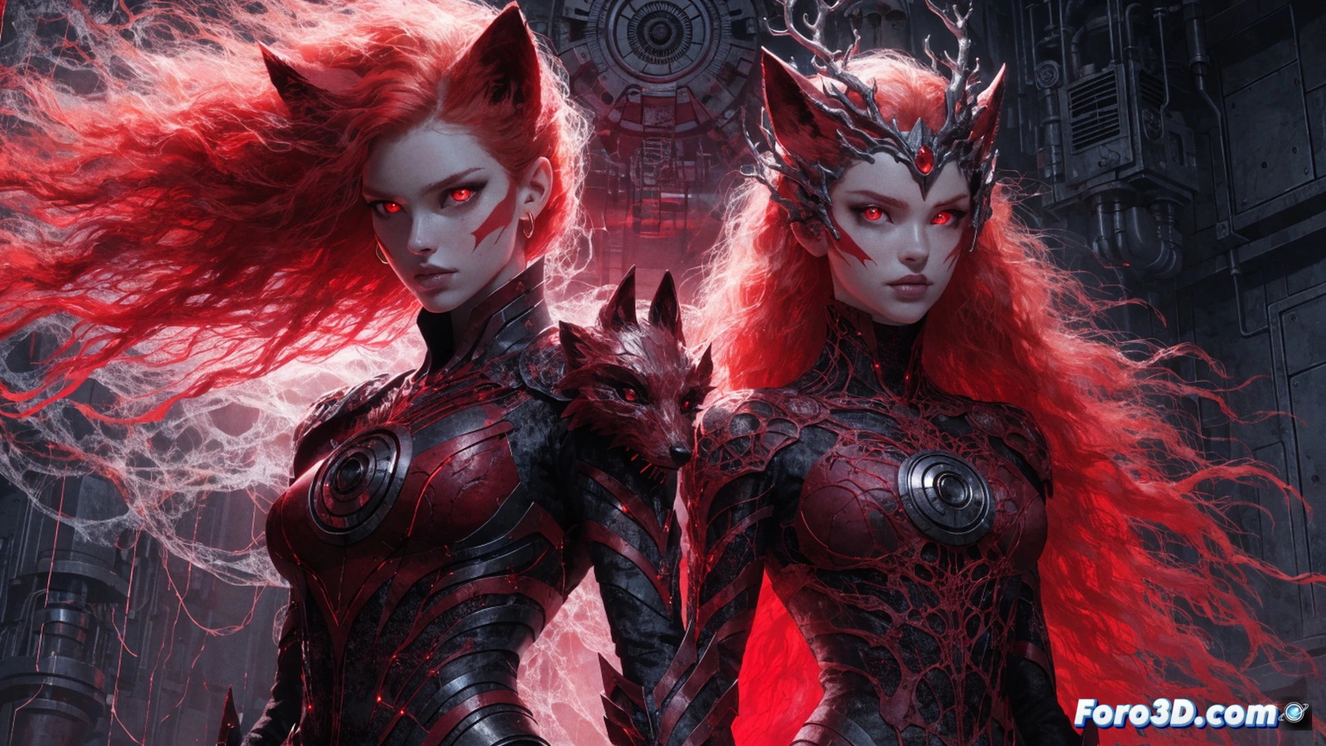 two costumed female superheroes in action poses, one leaping forward with claws extended wearing a crimson fox-themed suit with fur collar, the other crouched behind a massive metal server rack in a dark tech lab, green holographic data streams floating between them, cinematic dynamic lighting, red and black costume details, high contrast shadows, photorealistic comic book style, intense motion blur on the leaping figure, glowing circuit traces on the server rack, sparks flying from exposed wiring, dramatic low-angle shot, hyperdetailed fabric textures and metallic reflections