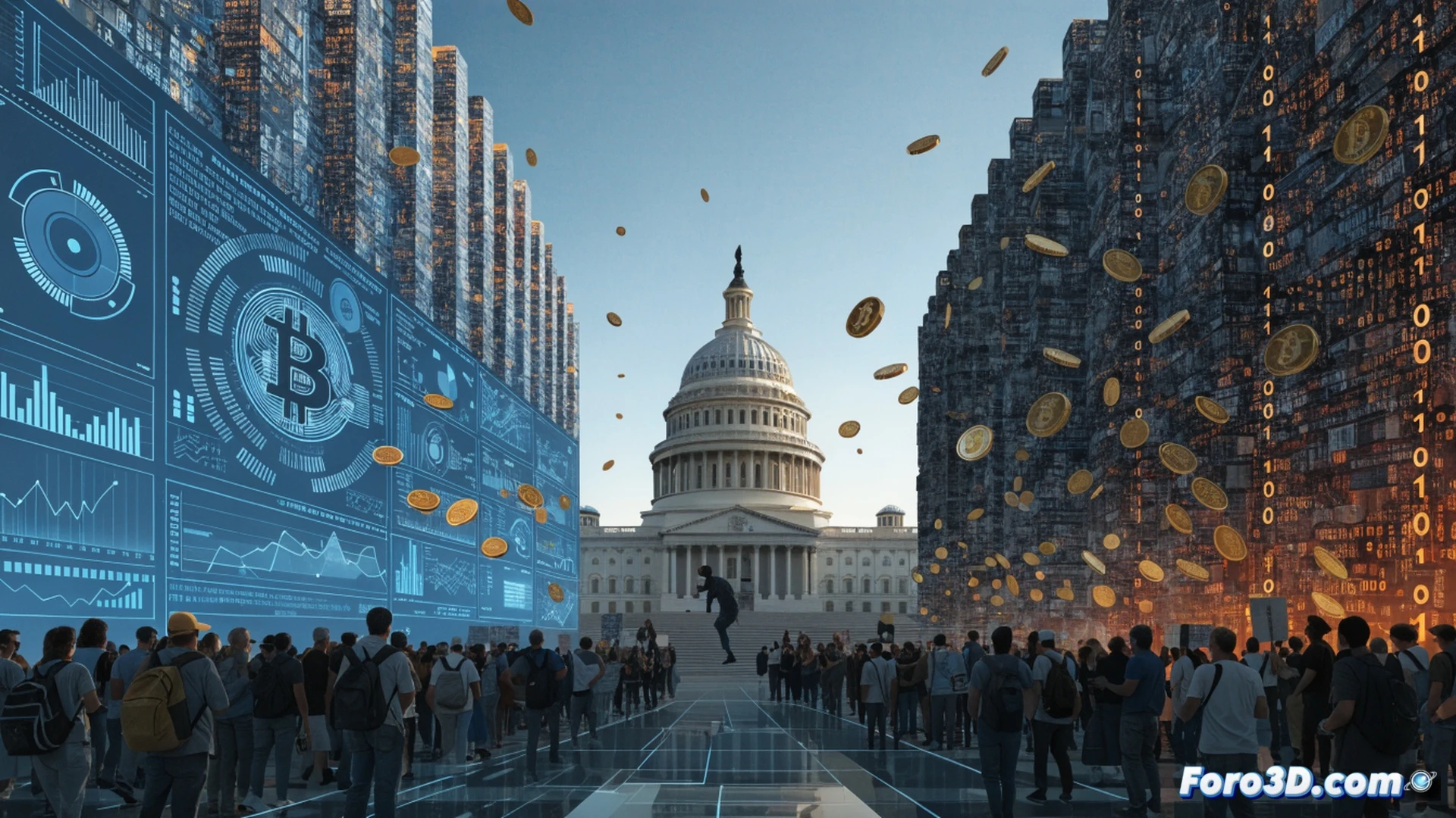 photorealistic cinematic scene of a towering US Capitol building surrounded by cascading digital currency symbols and blockchain nodes, massive stacks of hundred-dollar bills morphing into glowing crypto coins flowing through a transparent funnel labeled with circuit patterns, corporate lobbyists in dark suits pulling lever mechanisms connected to legislative documents while voting booths flicker with digital code, dramatic spotlight illuminating the money stream, dark storm clouds overhead, ultra-detailed metallic textures, high-contrast industrial lighting, technical illustration style emphasizing financial influence