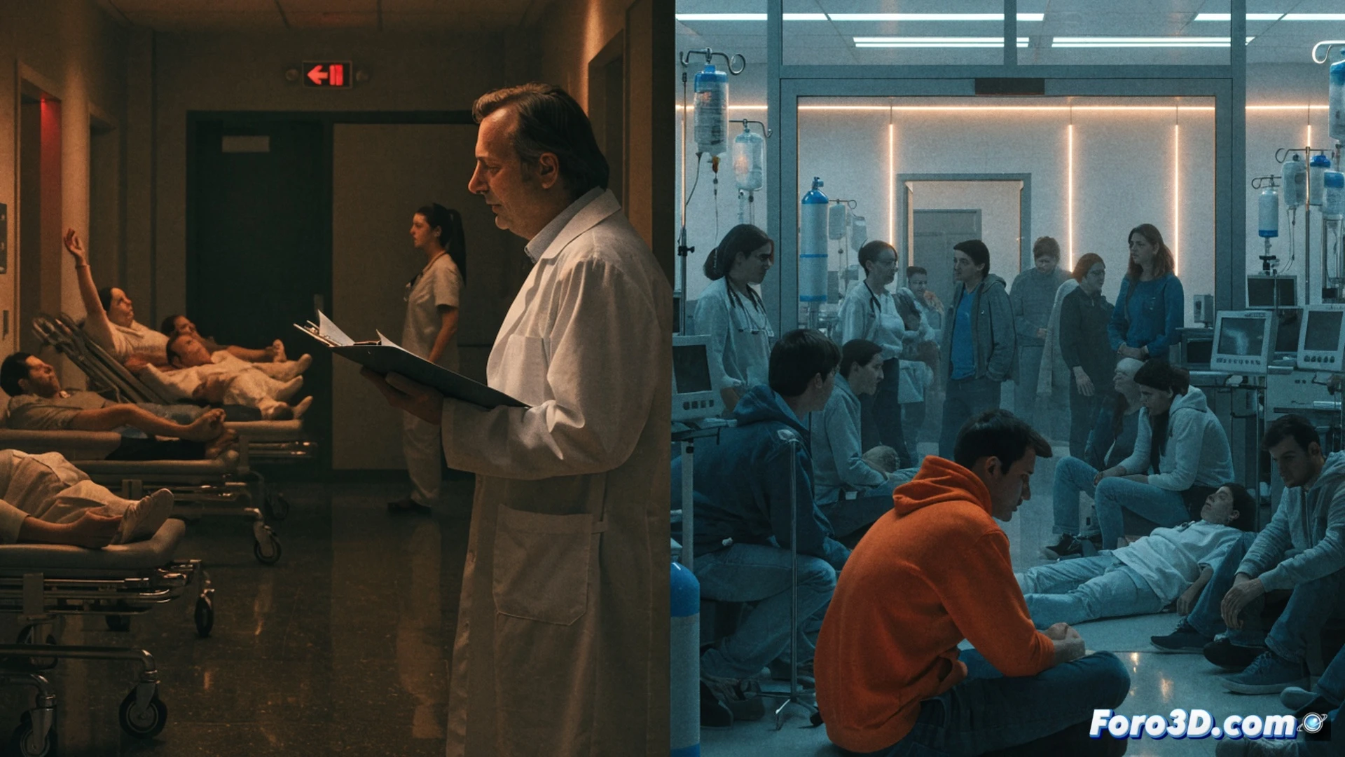 hospital emergency room chaos during peak hours, overcrowded waiting area with patients on stretchers lining corridors, medical staff visibly overwhelmed with limited resources, empty nurse station with unattended monitoring screens, broken infusion pump on cluttered counter, flickering fluorescent lights illuminating exhausted faces, cinematic photorealistic style, muted beige and cold blue tones, deep shadows emphasizing tension, dust particles in harsh overhead light, technical medical equipment detail, documentary-style composition showing systemic failure