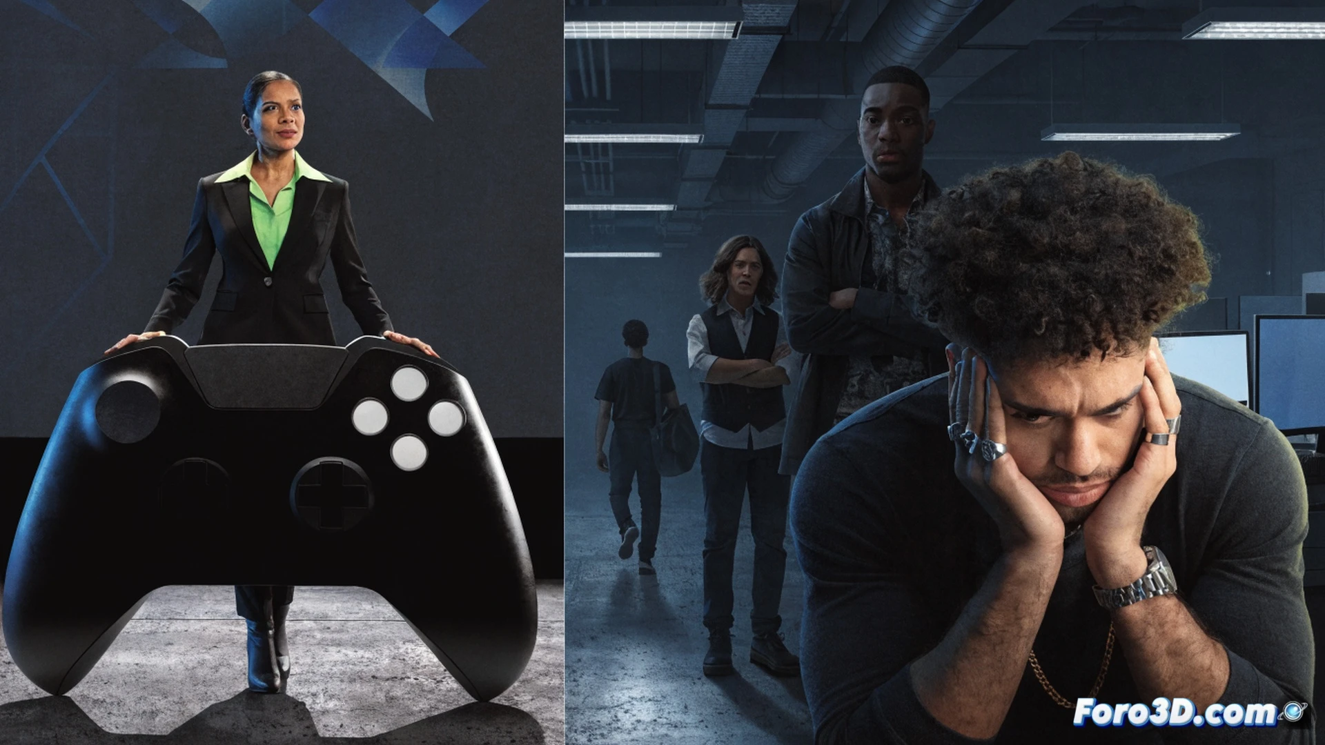 Xbox headquarters open-plan office, tense meeting scene, new CEO Asha Sharma standing at glass table surrounded by Xbox Series X consoles and development kits, engineers and game designers crossing arms with skeptical expressions, price tag stickers being slapped onto consoles by executives, a model being disconnected from a server rack in background, floating holographic graphs showing declining employee morale metrics, dramatic overhead fluorescent lighting casting shadows, scattered energy drink cans and prototype controllers on desks, photorealistic corporate documentary style, cinematic depth of field, muted blue and gray color palette, visible tension through body language
