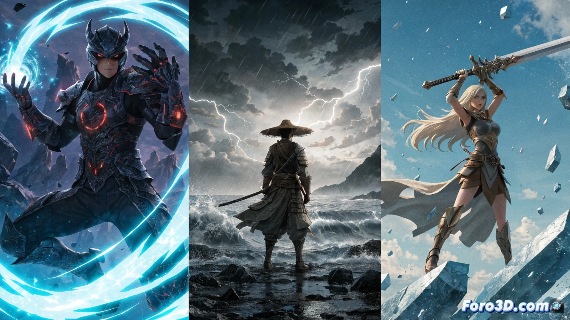 anime convention stage with three distinct panels in dramatic lighting, left panel shows a glowing blue dungeon gate opening while a shadow soldier emerges mid-action, center panel displays a samurai warrior in ghost armor drawing a katana with ethereal smoke effects, right panel depicts a blacksmith forging a legendary sword on an anvil with sparks flying, cinematic technical illustration style, dynamic camera angle from audience perspective, holographic projection overlays showing streaming interface elements, ultra-detailed character textures, dramatic spotlights creating contrast, photorealistic render with anime-inspired aesthetic