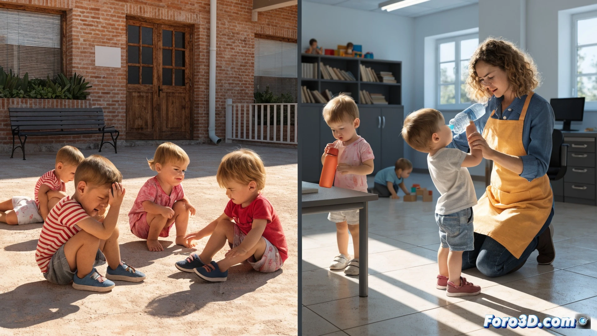 childcare classroom interior with small children sitting on colorful mats while a teacher demonstrates proper hydration technique using reusable water bottles, wall-mounted digital thermometer showing 38 degrees Celsius, ceiling fan spinning slowly, open window with mosquito net visible, soft indirect sunlight entering through blinds, children wearing light cotton clothing, teacher holding a visual schedule board with sun and water drop symbols, photorealistic editorial style, warm natural lighting, shallow depth of field focusing on the hydration action, clean modern educational environment, safety-first atmosphere, professional documentary photography aesthetic