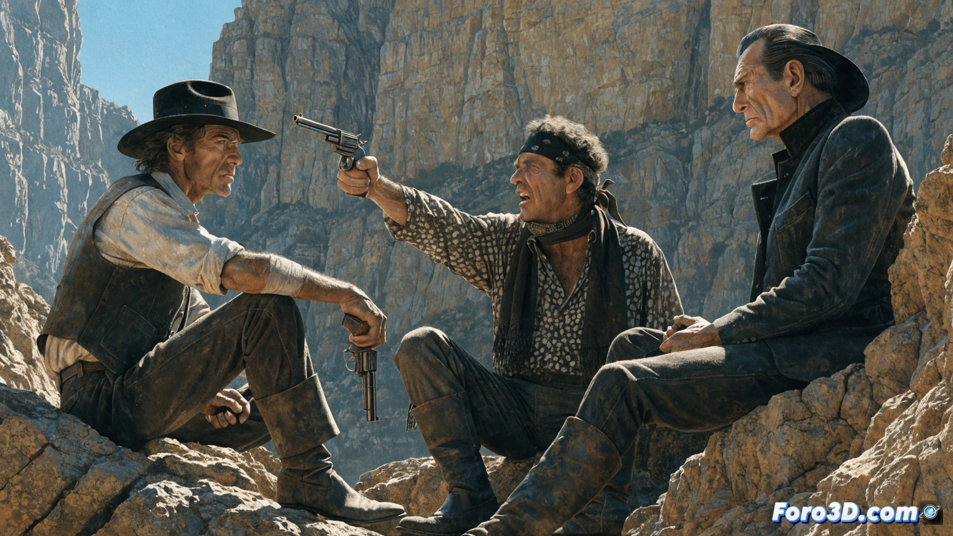 Western film set at high noon, actor Eli Wallach as Tuco mid-gesture, hand gripping revolver while dust kicks up from boots, camera crane and boom microphone visible in background, film crew laughing behind director Sergio Leone, 35mm film reel spooling on editing table nearby, cinematic photorealistic style, warm sepia tones mixed with golden hour sunlight, dramatic shadows from cowboy hats, motion blur on spinning revolver cylinder, ultra-detailed leather costume textures, spontaneous action frozen in time, classic spaghetti western atmosphere
