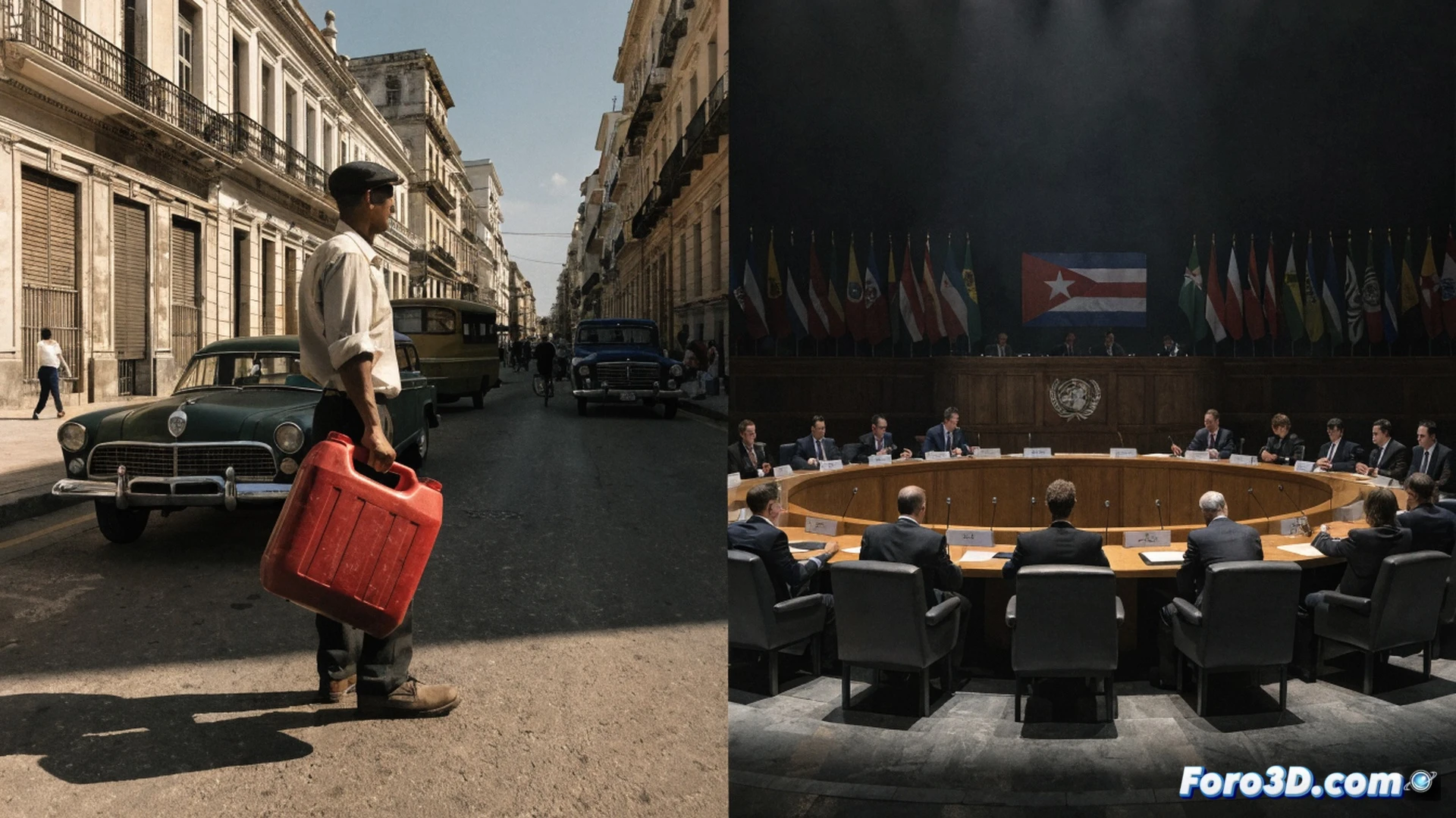 Cuban delegate addressing United Nations General Assembly podium, official UN chamber with country name placards, world map backdrop, delegate holding document while speaking, audience of international representatives seated in semi-circular rows, diplomatic session in progress, dramatic overhead lighting on podium, realistic architectural details of UN assembly hall, microphones and headphones at each seat, technical photography style, photorealistic political summit visualization, solemn atmosphere, detailed fabric textures on suits, wooden paneling and green marble accents
