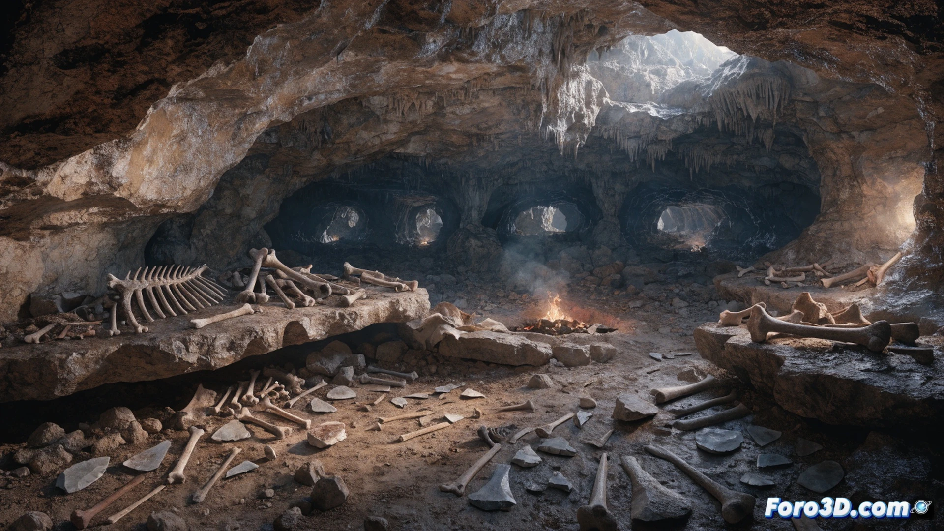 Ancient human group gathered around fire inside a cave, stone hand axes and flint tools scattered on the ground, deer bone fragments near hearth, smoke rising toward stalactites, early hominids crafting tools while others tend flames, warm firelight casting shadows on rough limestone walls, archaeological excavation layers visible in cross-section, photorealistic cinematic lighting, ultra-detailed stone textures, prehistoric atmosphere, dramatic amber glow, technical illustration style, showing communal activity and tool use