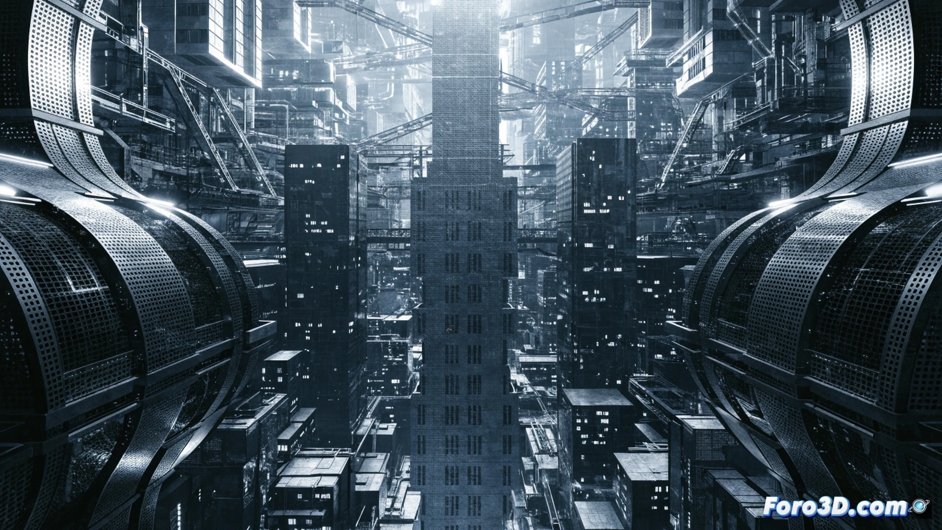 Cyberpunk city street under construction by nanoscale drones, infinite geometric scaffolding forming walls and towers in real-time, glowing path-traced light rays bending around metallic surfaces, DLSS neural network lines rebuilding pixel data on holographic monitors, UE5 editor interface projected onto a glass skyscraper facade, cinematic technical visualization, photorealistic neon-lit urban decay, ultra-detailed mechanical components, dramatic volumetric fog and ray reconstruction, showing the process of infinite geometry generation during a rainy night.