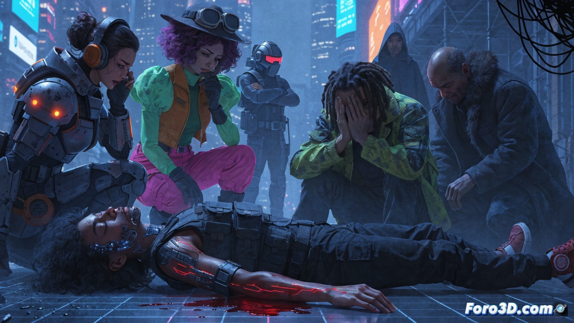 Cyberpunk street scene during a funeral procession, mourners with digital grief implants glowing on their temples, holographic memorial projections flickering over rain-slicked asphalt, shattered glass and debris scattered near a crashed hover-vehicle, neon signs reflecting in puddles, a lone figure clutching a damaged cybernetic arm as tears fall, cinematic noir lighting, deep shadows and blue-red ambient glow, ultra-detailed cyberware components visible on a broken android body, photorealistic emotional drama visualization, Scorsese-style dramatic tension, dark dystopian atmosphere