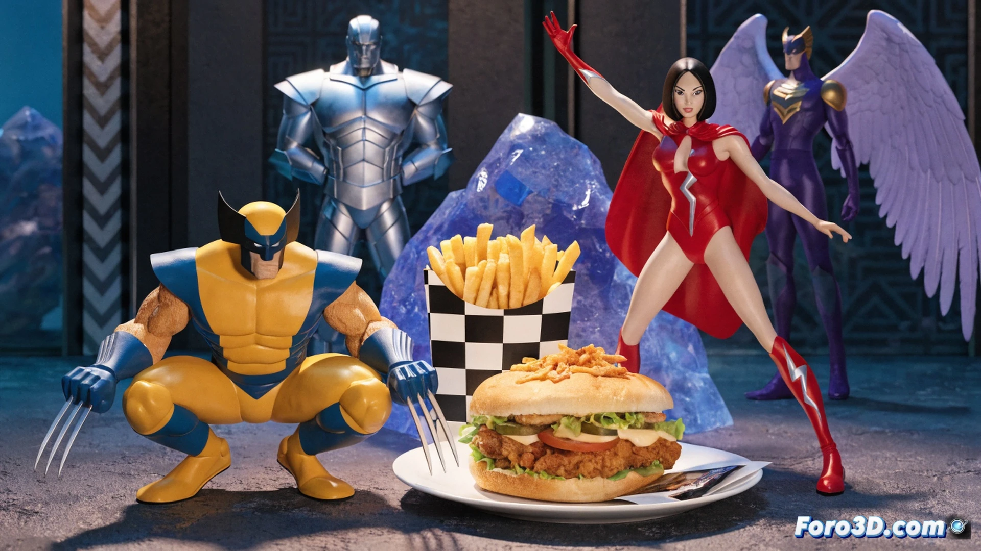 Combo de Dave’s Hot Chicken con figuras coleccionables de X-Men ’97, mostrando un sándwich y papas fritas sobre una bandeja metálica industrial, mientras una mano enguantada de cocina sostiene una figura sorpresa de Wolverine junto a un monitor de pedidos digital con gráficos de rayos X, durante un proceso de empaquetado nocturno en una cocina de restaurante, luces LED rojas y azules iluminando el área, estilo cinematográfico fotorrealista, texturas de papel encerado y plástico brillante, fondo desenfocado con freidoras y rejillas de acero inoxidable