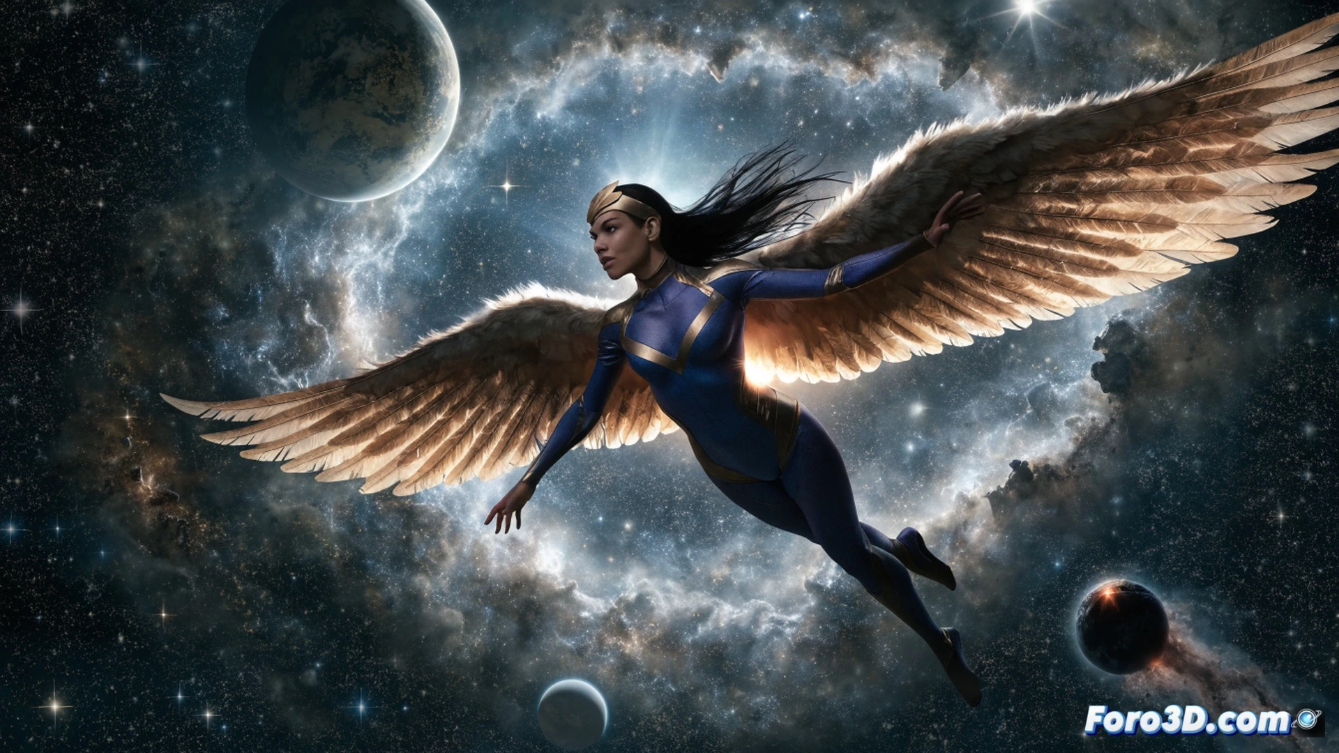 Dawnstar volando a través de un campo de asteroides, alas de energía blanca desplegadas mientras extiende su mano hacia una nave estelar dañada, rastros de luz azul trazando la trayectoria del objetivo interestelar, fragmentos de roca espacial flotando alrededor, su traje azul con detalles plateados brillando bajo la luz de una nebulosa distante, estilo cinematográfico de cómic, iluminación dramática con contrastes intensos, texturas metálicas pulidas, fondo de espacio profundo con estrellas tenues, render fotorrealista de alta definición, composición dinámica con líneas de movimiento