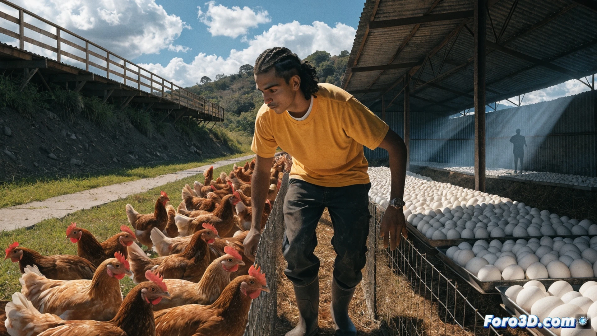 young man in work clothes with 20s age, feeding hens in a modern automated coop, metal feed troughs and egg collection conveyor belt visible, morning sunlight streaming through ventilation windows, hens pecking grain while eggs roll down a sloped wire mesh, digital egg counter display on wall showing 1200 count, hands scooping feed from a bucket, photorealistic agricultural engineering visualization, warm golden lighting, dust particles floating in sunbeams, stainless steel water nipples, clean industrial interior, dramatic contrast between shadowed corners and bright work area, cinematic documentary style
