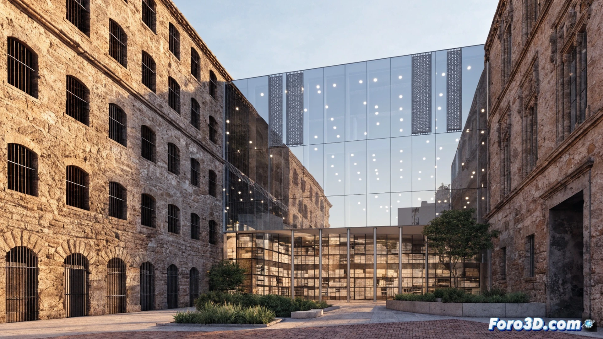 photorealistic architectural transformation scene, former prison cell block being converted into a digital archive, archival workers scanning historical documents with flatbed scanners and DSLR cameras, old iron cell doors left open revealing rows of modern server racks and hard drive arrays inside, concrete walls partially covered with floating holographic data streams and document icons, sunlight streaming through high barred windows illuminating dust particles, contrast between brutalist prison architecture and clean digital equipment, cinematic lighting with warm amber tones mixing with cool blue screen glow, ultra-detailed textures of rusted metal and polished glass, wide-angle perspective showing depth of long corridor, technical visualization of data preservation process