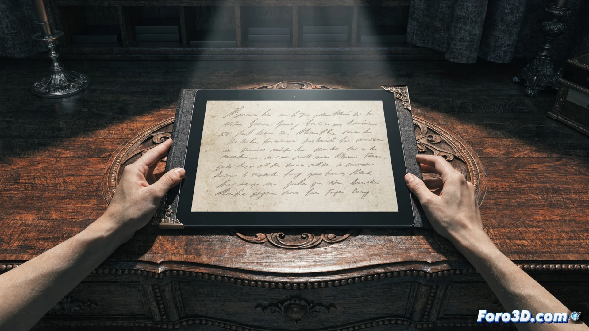 tablet reMarkable transformada en el diario de Tom Riddle, pantalla mostrando texto escrito a mano que se desvanece lentamente mientras una silueta sombría emerge del cristal, manos sosteniendo el dispositivo sobre una mesa de madera oscura, cables de conexión USB visibles, interfaz de IA parcialmente abierta en un portátil cercano, proceso de escritura activa durante la interacción, estilo cinematográfico con iluminación tenue y reflejos verdes, ambiente de misterio técnico, fotorealista, detalles de hardware como el stylus y el puerto de carga, sombras dramáticas, textura de papel digital imitando pergamino antiguo
