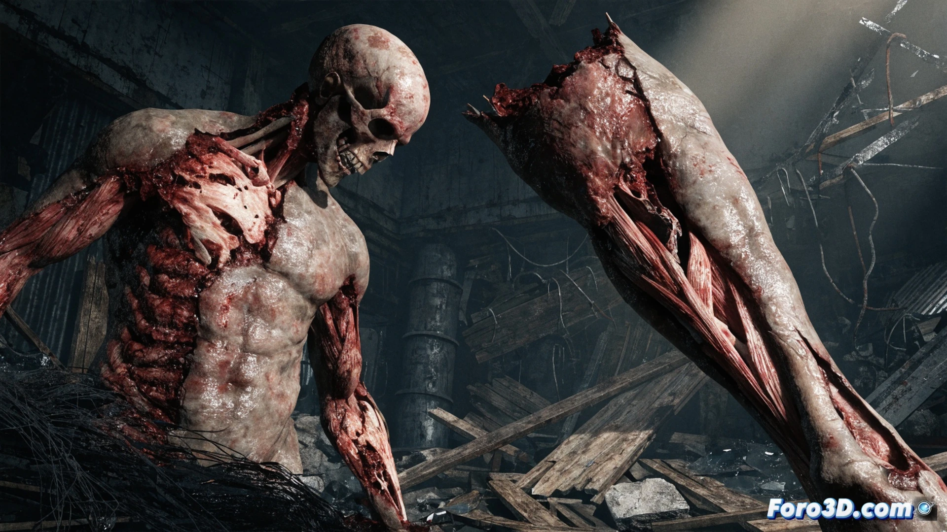 Cross-section of a zombie torso mid-swing by a sledgehammer, Unreal Engine 4 F.L.E.S.H. system actively simulating layered tissue deformation, skin tearing, fat separating, muscle fibers snapping, bone splintering in real-time, glowing procedural damage lines tracing each impact vector, photorealistic medical dissection aesthetic, cinematic lighting with dramatic shadows, hyper-detailed anatomical layers exposed, blood particles and tissue fragments suspended mid-air, technical engineering visualization of biomechanical destruction, ultra-realistic gore physics demonstration