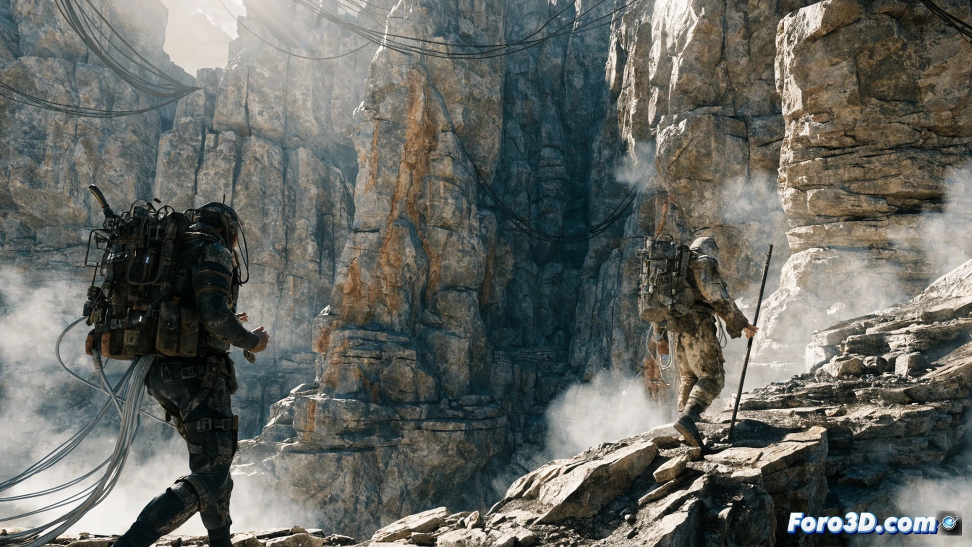 Photorealistic cinematic technical illustration showing a rugged desert landscape with rocky terrain and cracked earth, a humanoid figure in a weathered exosuit walking uphill against strong wind, particles of sand and dust eroding the suit's metallic surface during simulation, facial motion capture markers visible on the actor's face with 4D scanning rig in background, Decima Engine real-time rendering interface elements faintly overlaid, dramatic golden hour lighting casting long shadows, ultra-detailed texture degradation on rocks and fabric, high contrast between harsh sunlight and deep crevices, engineering visualization style with material wear highlighted
