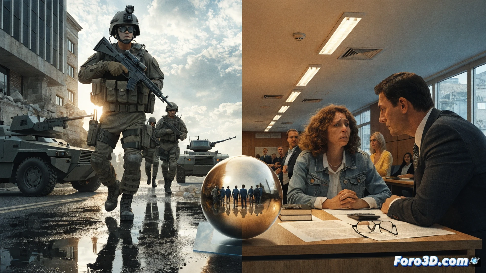 Photorealistic technical illustration of a scale balance, one side holds a military tank and missile launchers labeled with 3.5% GDP, the opposite side holds a collapsing hospital building and school, the tank side tilting down heavily while the civilian side cracks under pressure, a government document on a table shows budget cuts crossing out healthcare and education, dramatic cinematic lighting, deep shadows, cold blue and warning red tones, highly detailed metal textures, crumbling concrete, photorealistic engineering visualization, action of imbalance and structural failure demonstrated