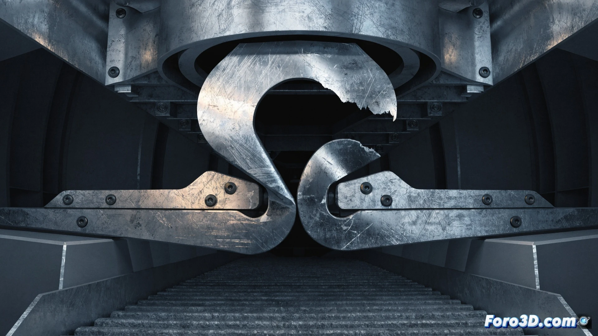 Cinematic engineering visualization of a passenger boarding ramp locking mechanism failure, close-up on a metallic hook component showing plastic deformation and bending under dynamic overload, ramp structure tilted at an angle after aircraft landing impact, visible stress fractures and material fatigue on the steel locking latch, hydraulic actuator attached to the deformed hook, safety inspection tools nearby on the tarmac, photorealistic industrial lighting highlighting cracked metal grain and surface wear, ultra-detailed mechanical parts with realistic metal reflections, technical illustration style emphasizing structural failure analysis