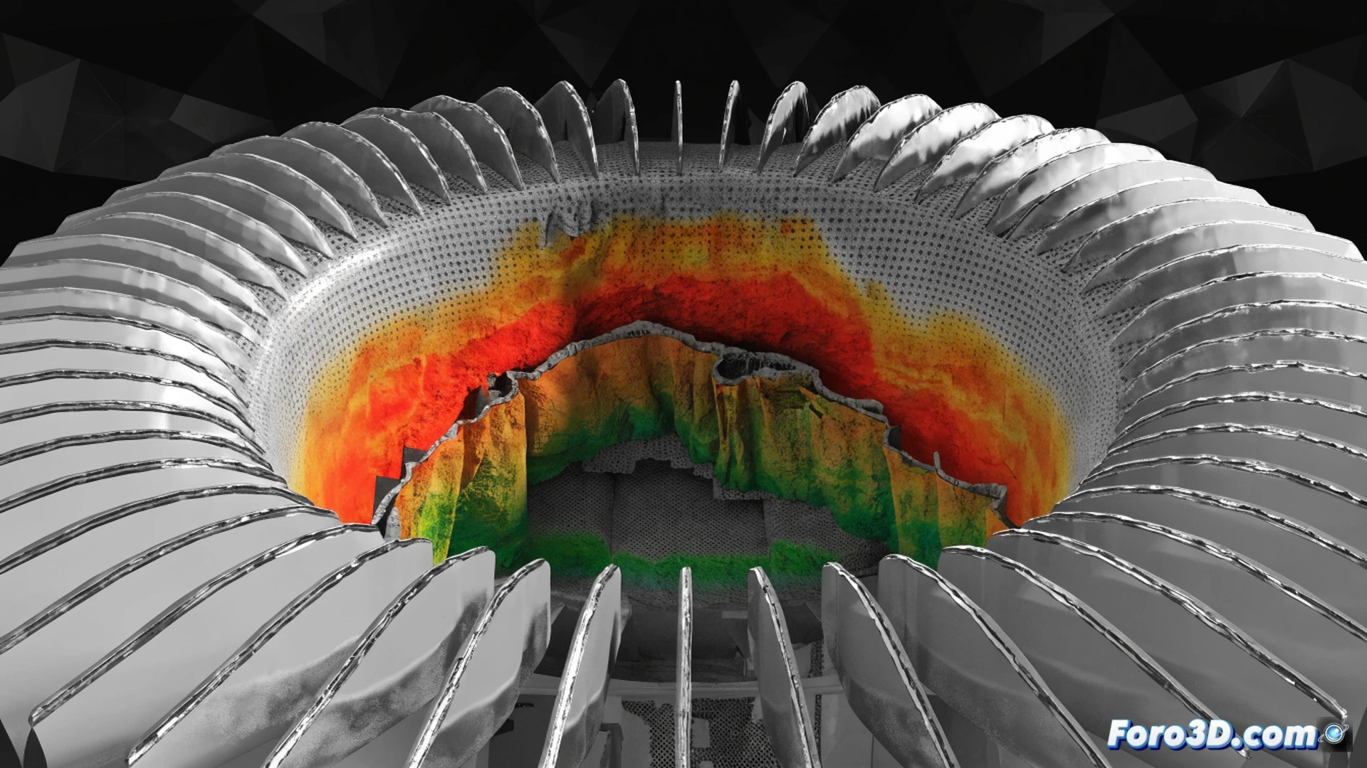 Large turbofan engine exhaust diffuser section with visible ceramic coating delamination, cracked and peeling thermal barrier revealing exposed metallic substrate, 3D photogrammetry scanning process using a DSLR camera on a tripod capturing multiple angles, engineer inspecting the damaged component with a thermal imaging camera, laptop screen displaying Agisoft Metashape interface with 3D point cloud reconstruction, adjacent monitor showing Ansys finite element simulation with color-coded thermal stress map, workshop environment with industrial lighting, metallic surfaces reflecting harsh shadows, technical engineering visualization style, photorealistic render with high detail on material textures and crack propagation
